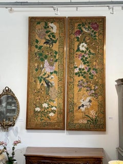Pair of framed Hand-Painted Chinese Panels, 18th - 19th Century; Golds, greens
