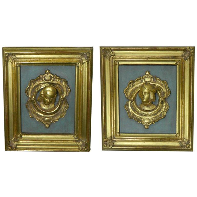 Pair of Framed Italian 23K Gold Leaf Renaissance Figures, 20th Century
