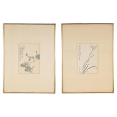 Pair of Framed Japanese Botanical Woodblock Prints in Gilt Frames