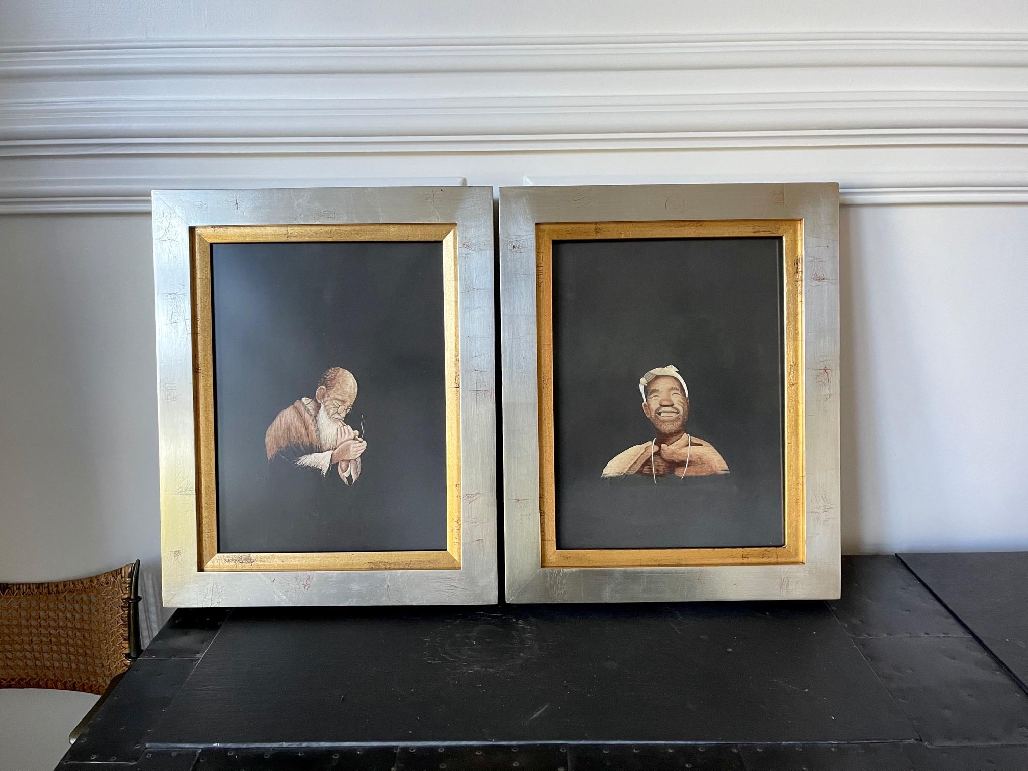 Pair of Framed Japanese Embroidery Art Portraits For Sale 11