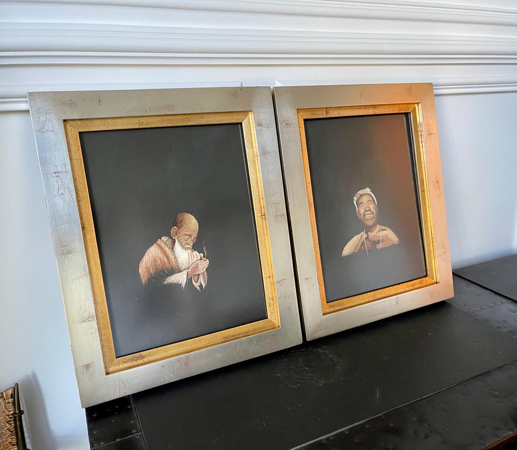 Artistically framed for display in a slight shadow frame with non-reflective pixie glass, these pair of embroidery art panels from Japan are dated circa 1910-1930s, end of Meiji to early Taisho period. This period was the peak of the Japanese