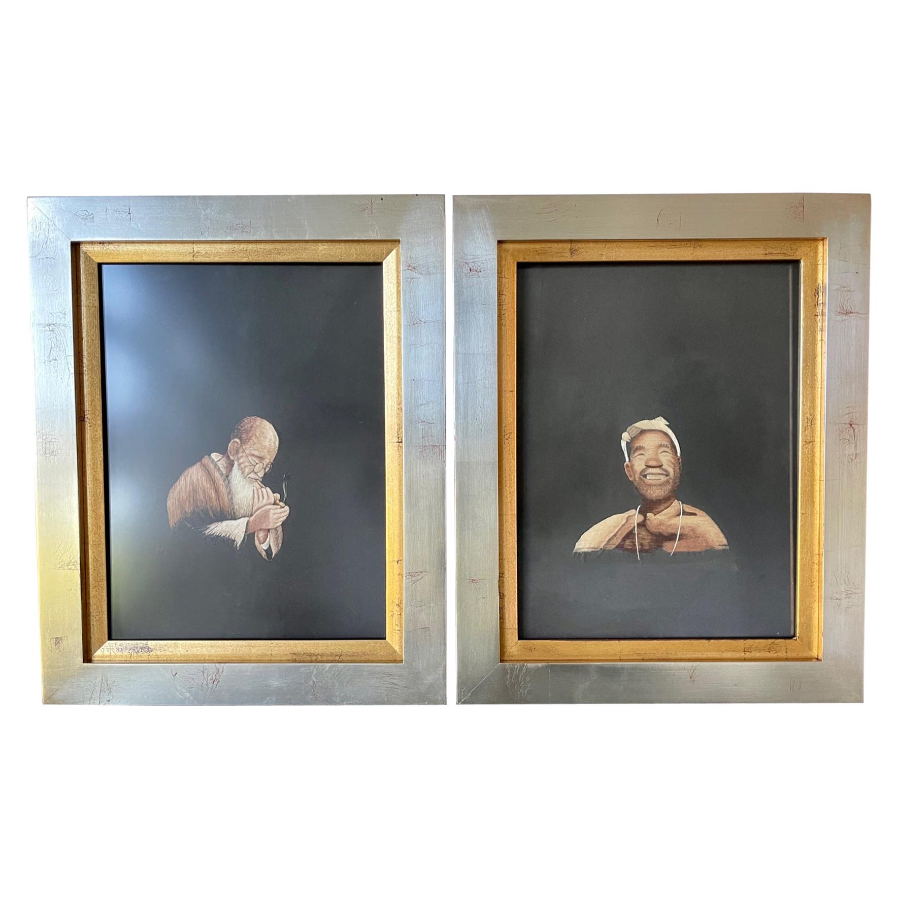 Pair of Framed Japanese Embroidery Art Portraits For Sale