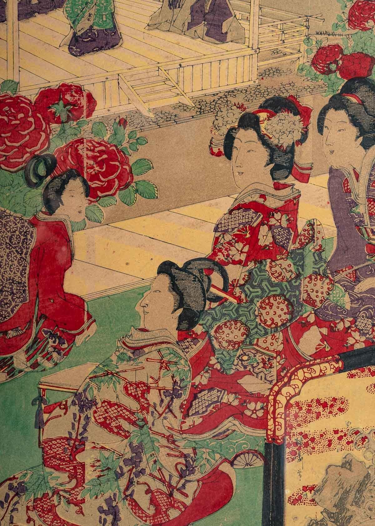 Chinoiserie Pair of Framed Japanese Prints Representing Geïshas