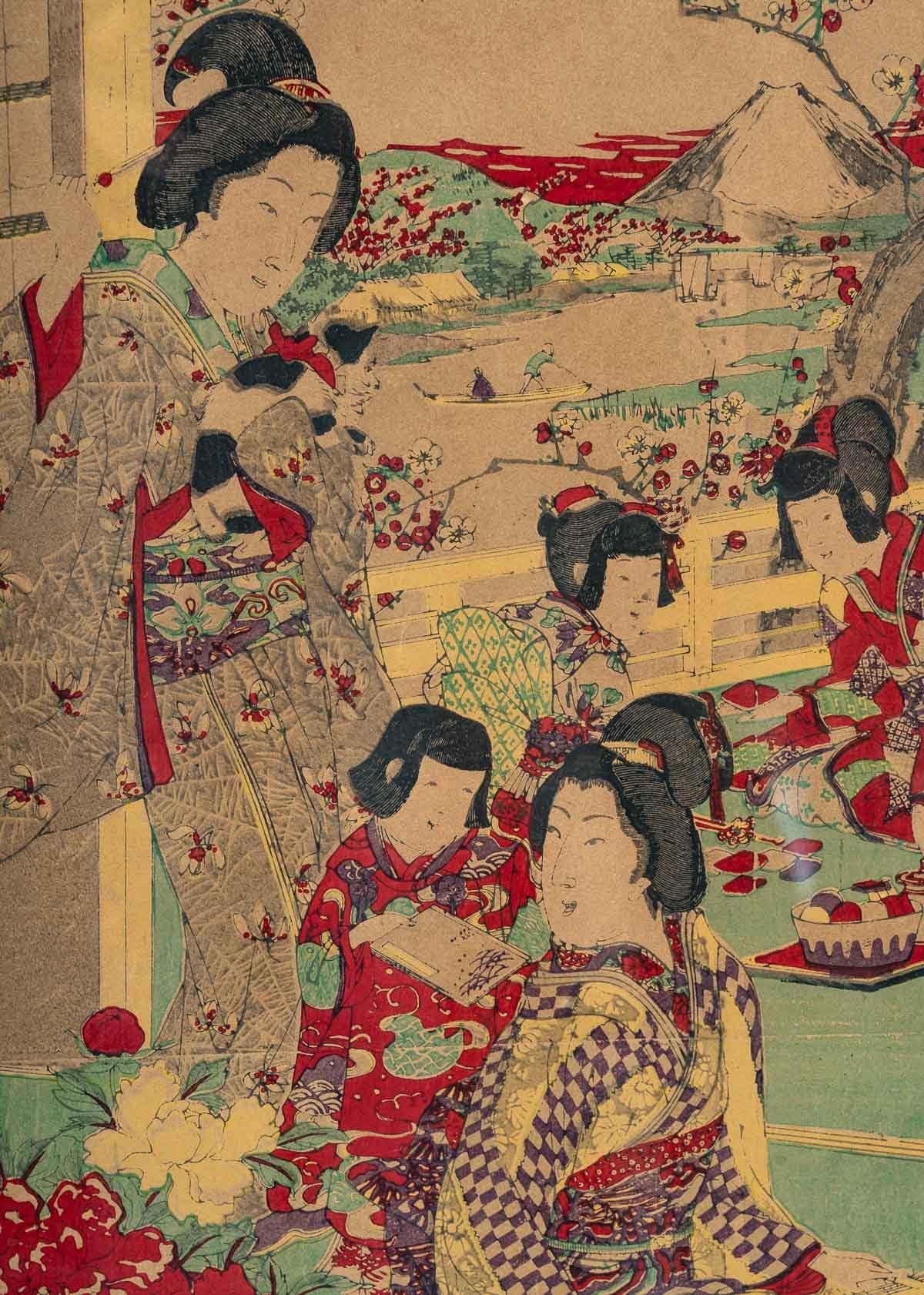 Asian Pair of Framed Japanese Prints Representing Geïshas