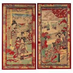 Vintage Pair of Framed Japanese Prints Representing Geïshas