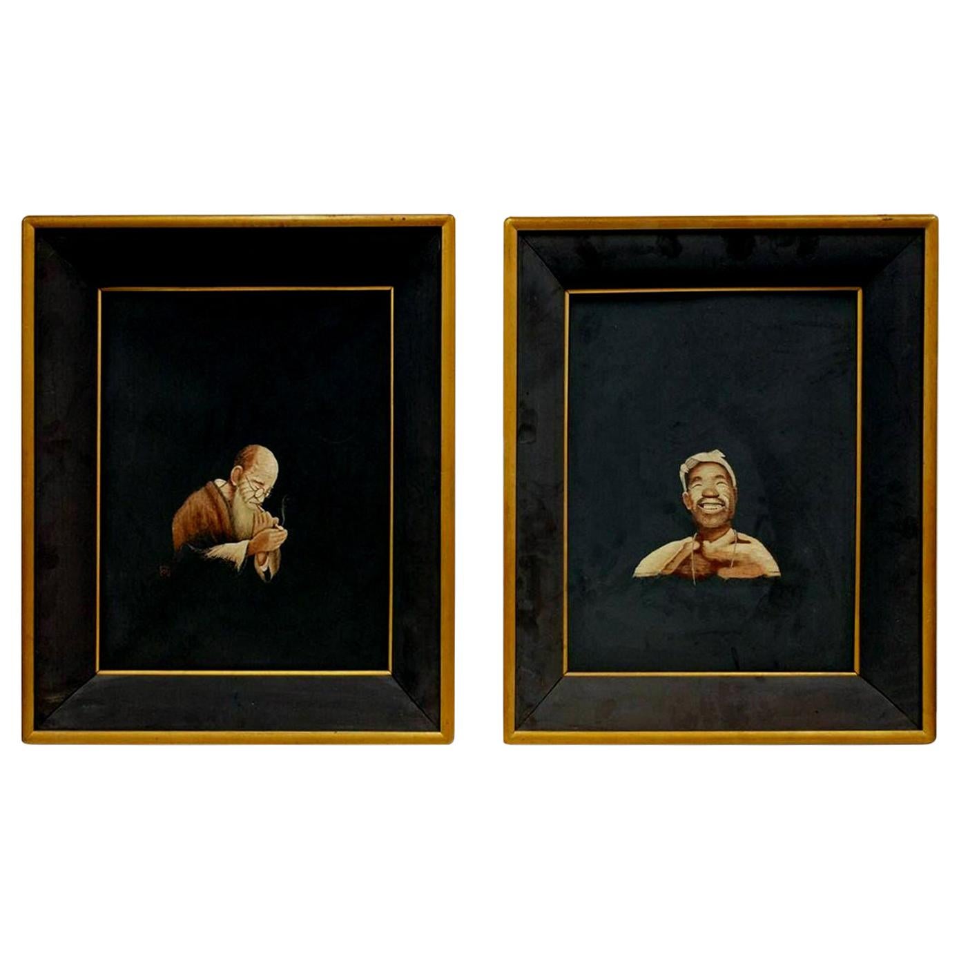 Pair of Framed Japanese Realistic Portrait of Embroidery Art
