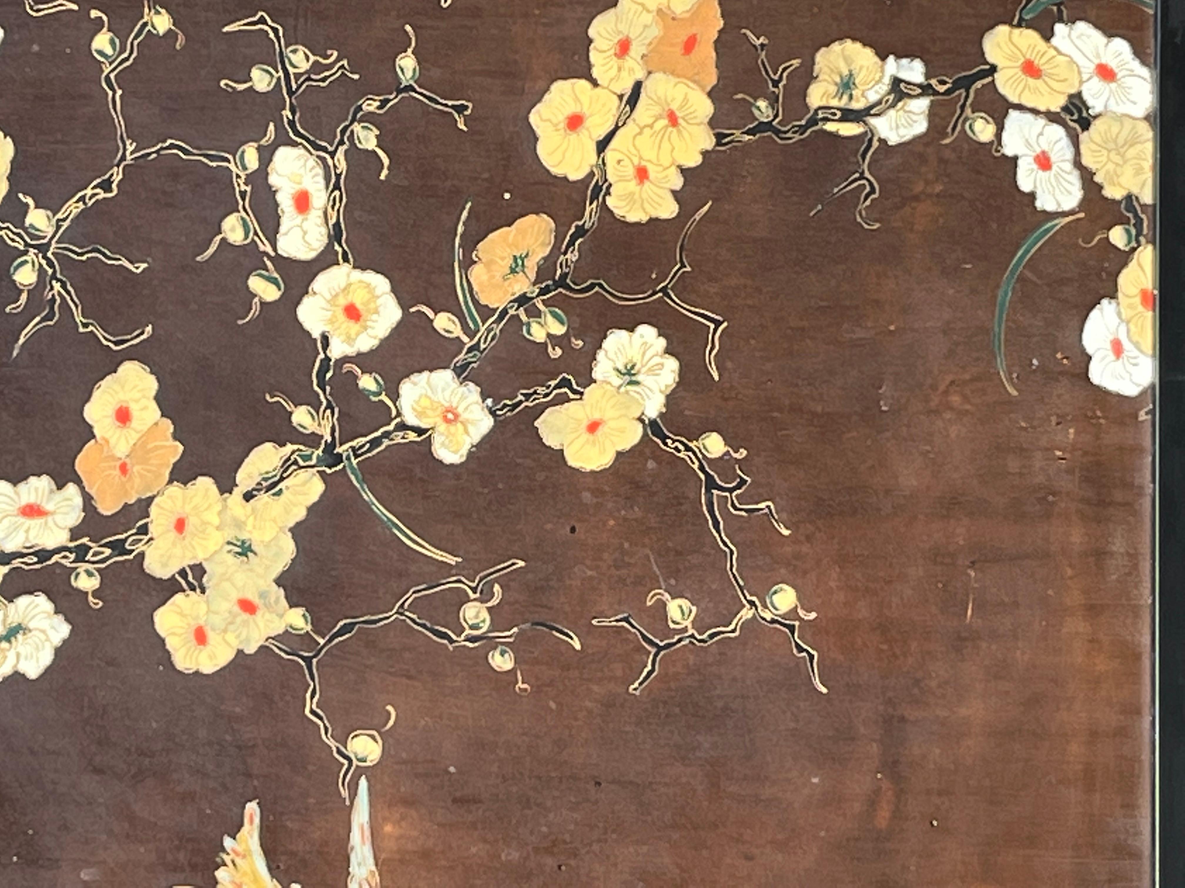 Pair of brown Lacquer on Wood Panels Art Nouveau Floral Japanese Style . For Sale 4