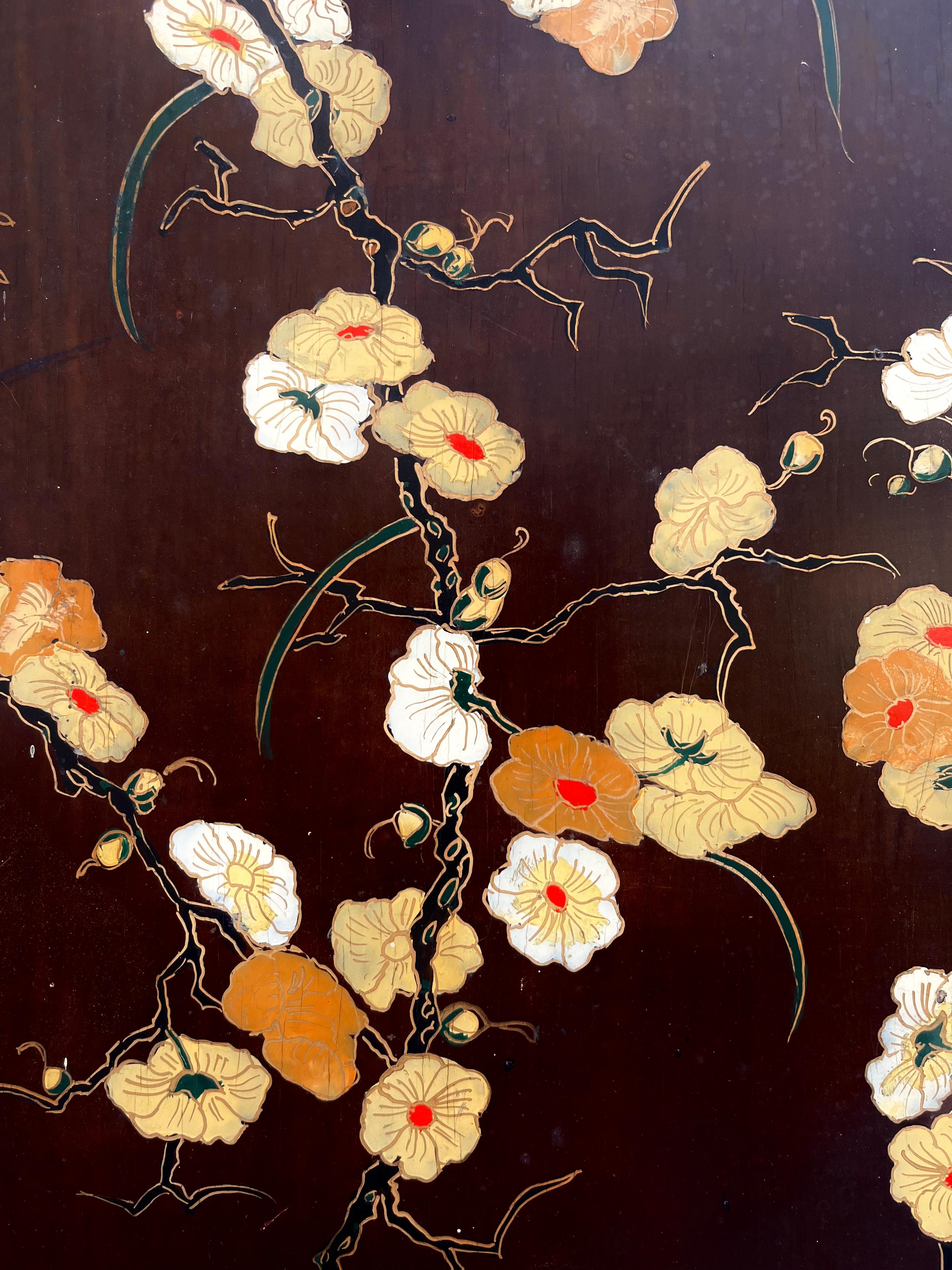 Pair of brown Lacquer on Wood Panels Art Nouveau Floral Japanese Style . For Sale 6