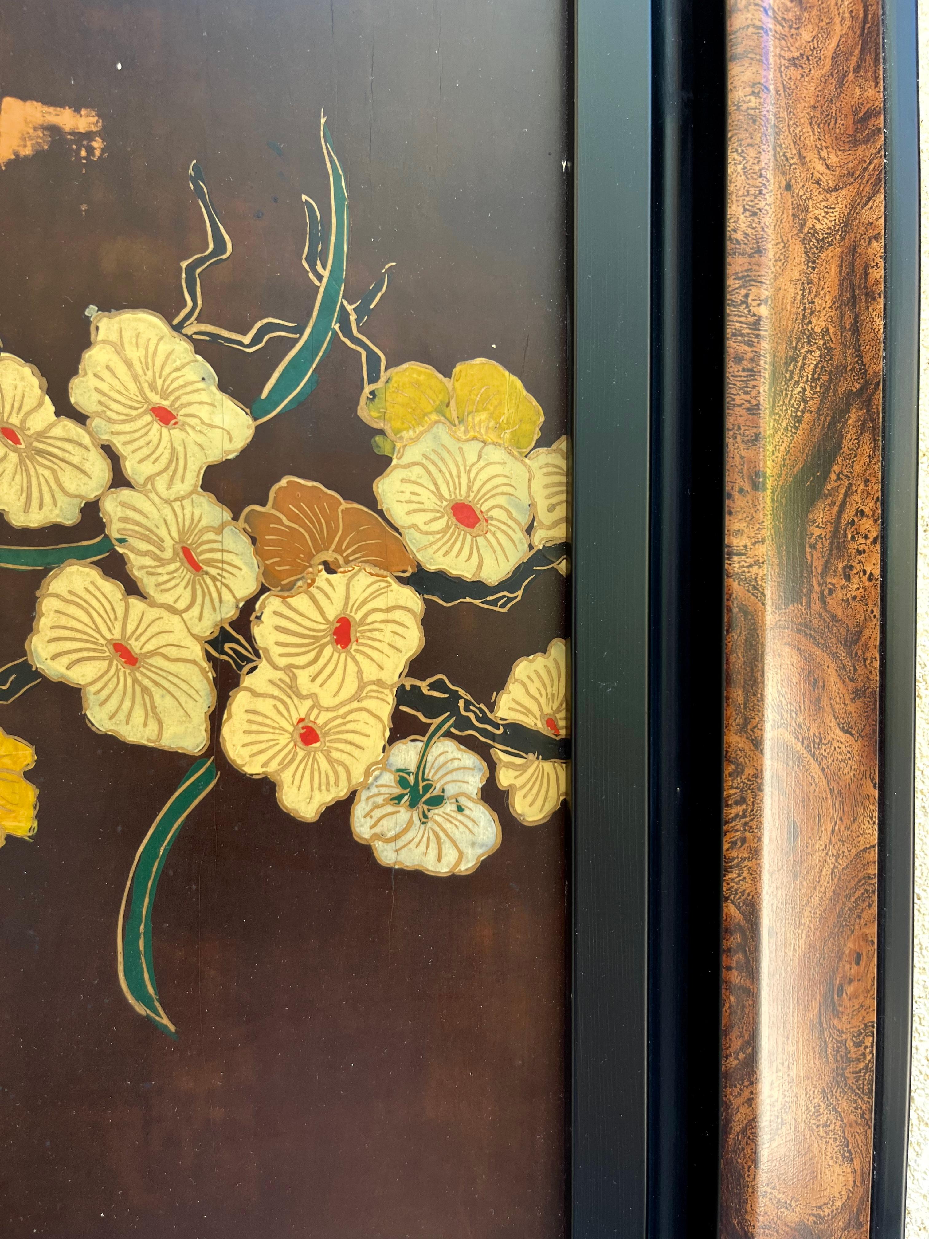 Pair of brown Lacquer on Wood Panels Art Nouveau Floral Japanese Style . For Sale 7