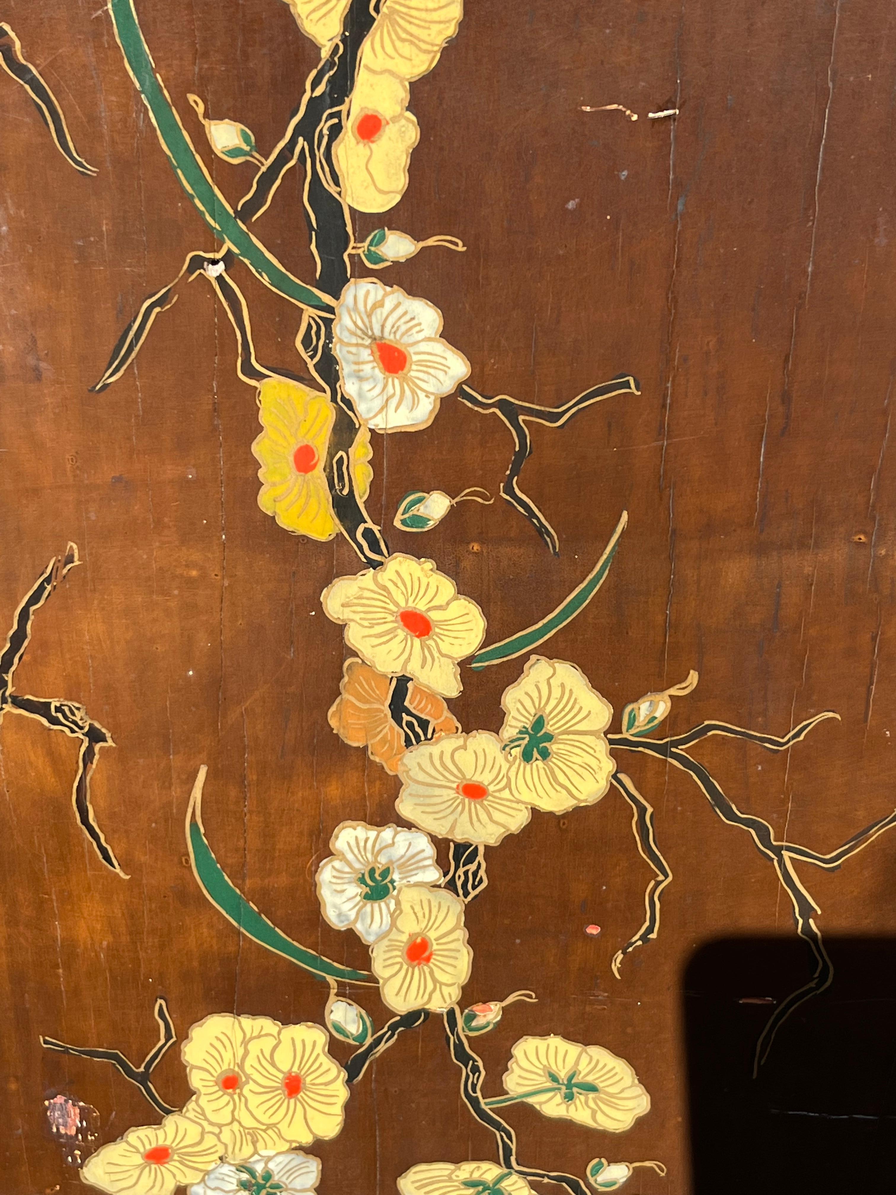 Two Lacquer panels on wood Japanese inspiration soft colors , floral theme.
Style Art Nouveau// Art Deco.
French origine.
Could fit perfectly above a pair of Art Deco or art Nouveau console tables.


