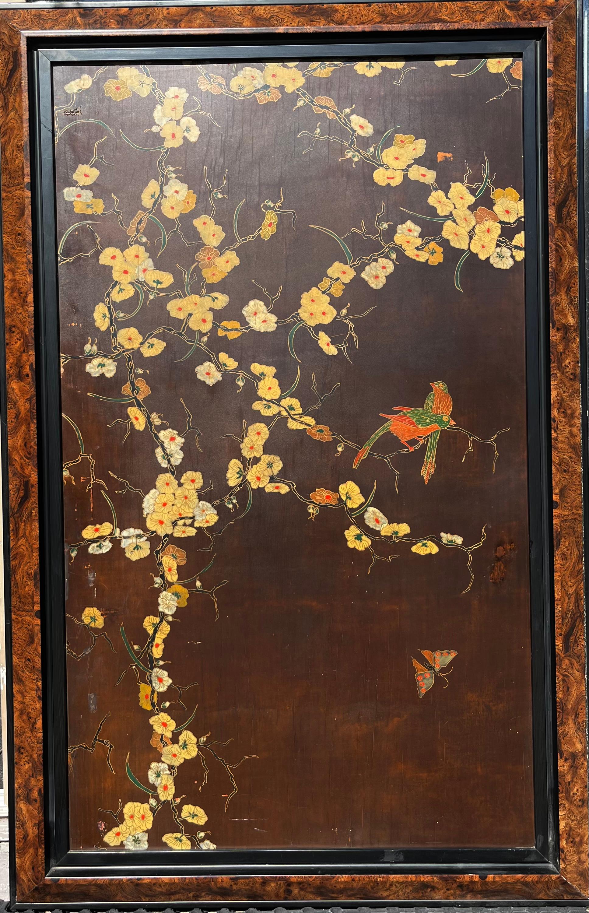 Pair of brown Lacquer on Wood Panels Art Nouveau Floral Japanese Style . In Good Condition For Sale In Miami, FL