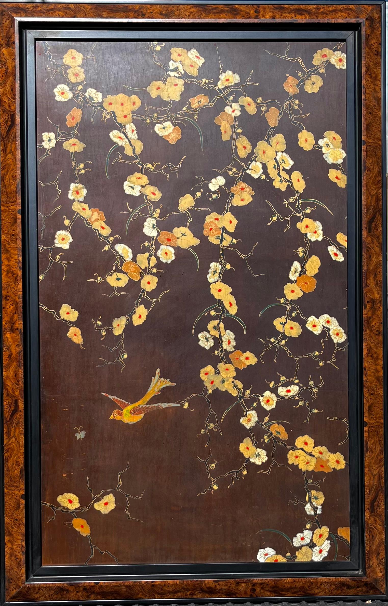 20th Century Pair of brown Lacquer on Wood Panels Art Nouveau Floral Japanese Style . For Sale