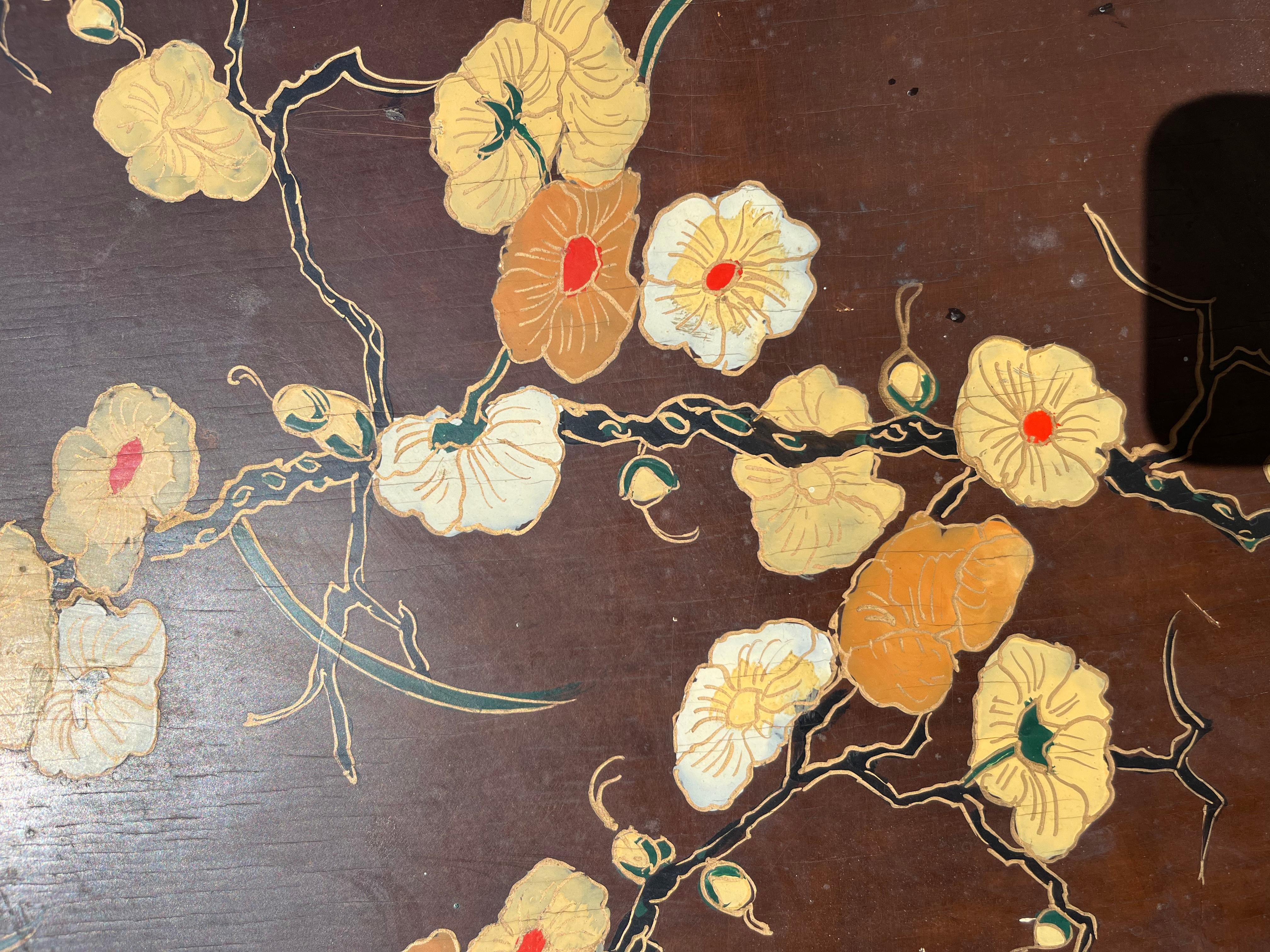 Pair of brown Lacquer on Wood Panels Art Nouveau Floral Japanese Style . For Sale 2