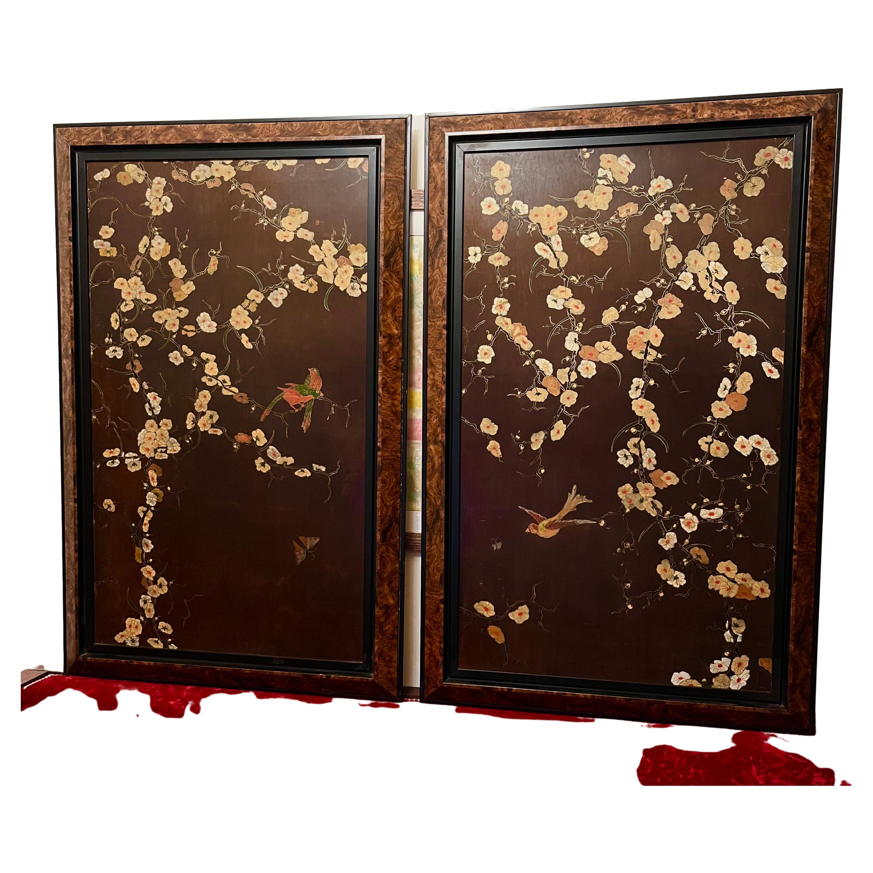 Pair of brown Lacquer on Wood Panels Art Nouveau Floral Japanese Style .