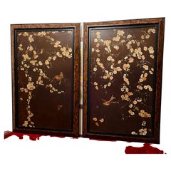 Retro Pair of brown Lacquer on Wood Panels Art Nouveau Floral Japanese Style  yellow 