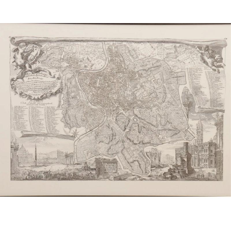 A pair of framed maps of Rome, illustrated in the style of 18th century map illustrators, Giambattista Nolli & Piranesi.  