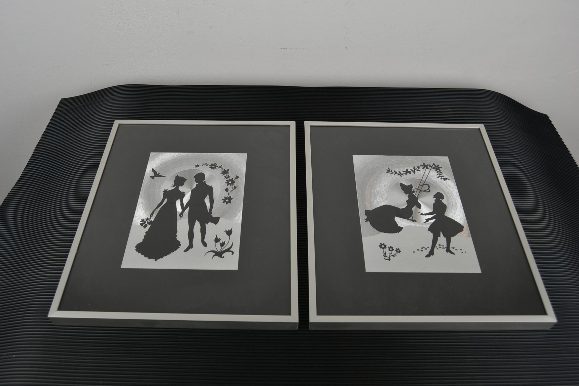 European Pair of Framed Metallic Print Wall Art with Romantic Couple, 1960s