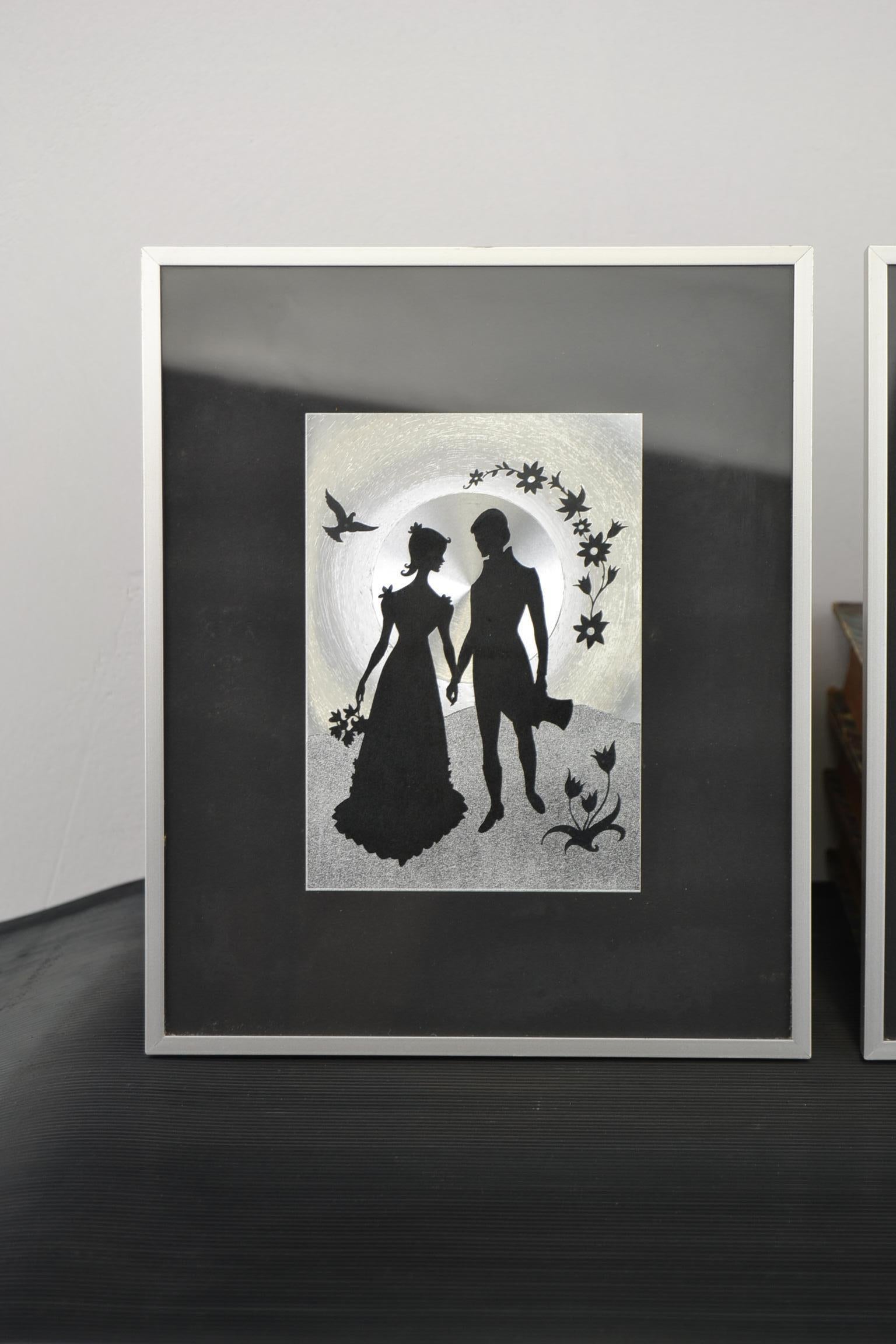 20th Century Pair of Framed Metallic Print Wall Art with Romantic Couple, 1960s