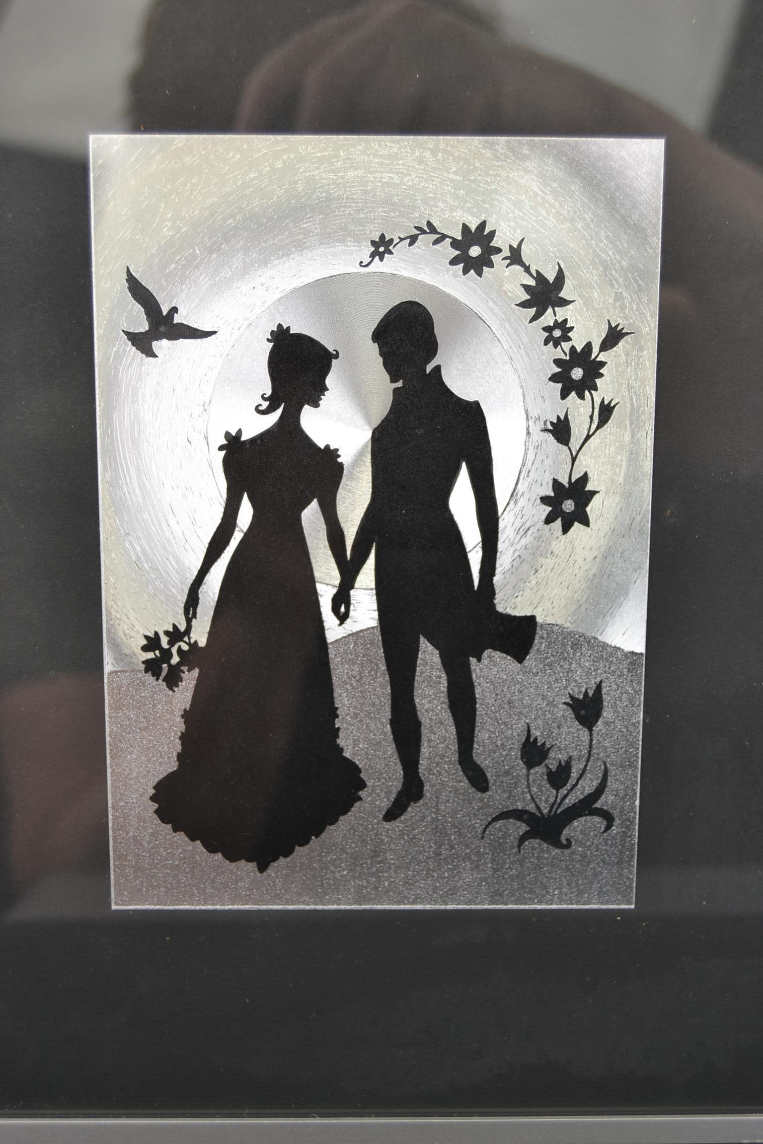 Pair of Framed Metallic Print Wall Art with Romantic Couple, 1960s 1