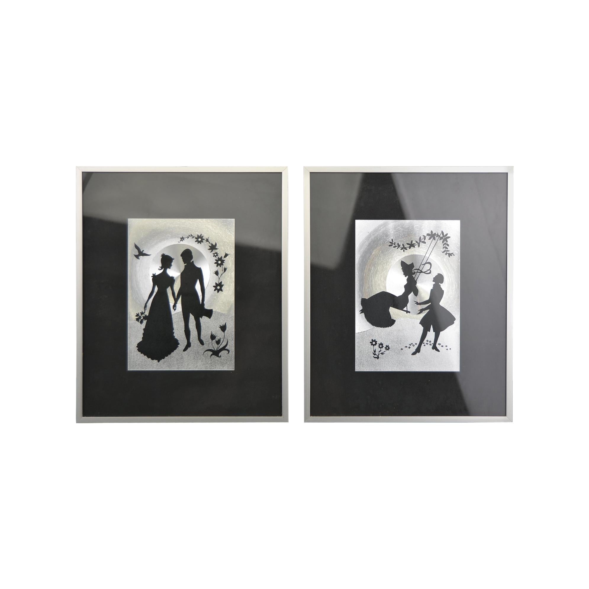 Pair of Framed Metallic Print Wall Art with Romantic Couple, 1960s
