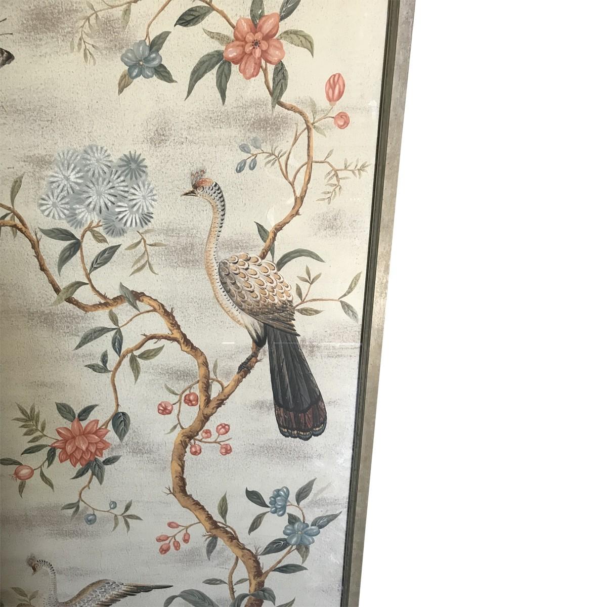 American Pair of Framed Modern Midcentury Gracie Chinoiserie Wallpaper Panels