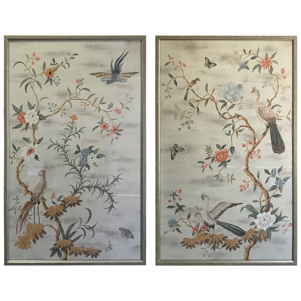 Pair of Framed Modern Midcentury Gracie Chinoiserie Wallpaper Panels