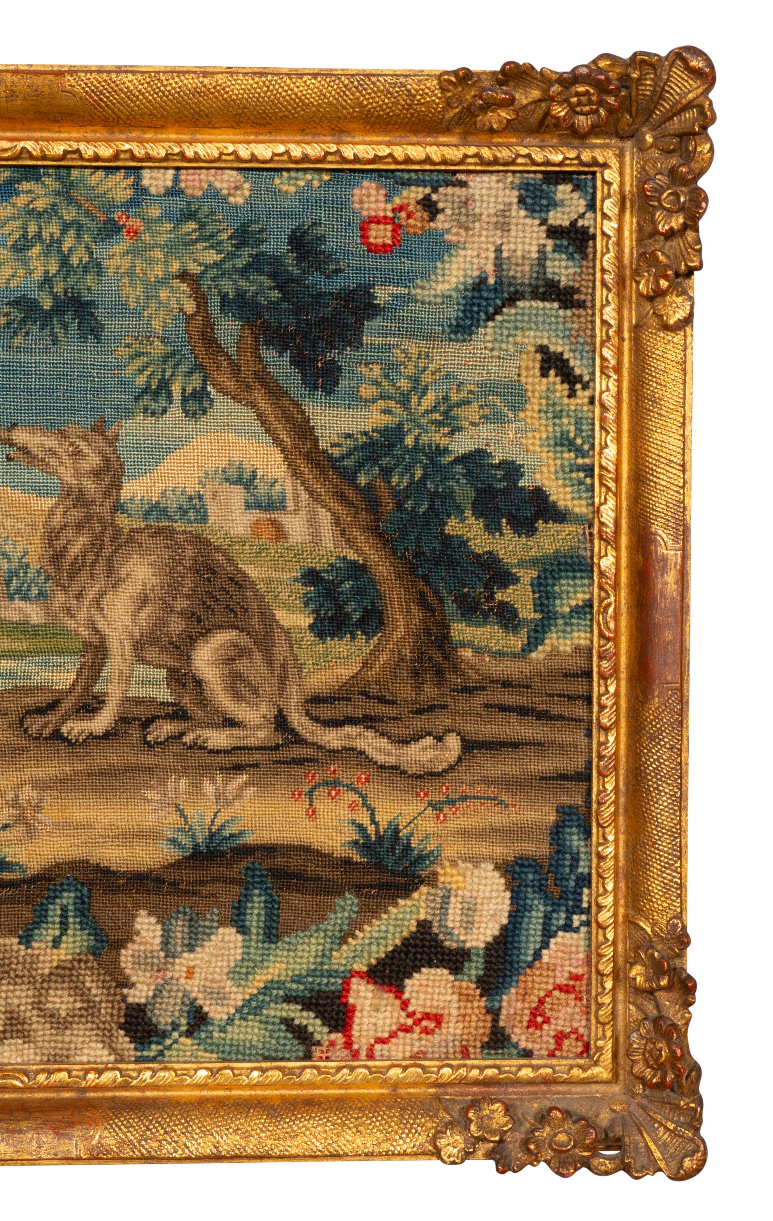 Coppia di quadri a punta d'ago incorniciati raffiguranti scene delle Favole di Esopo in vendita 5