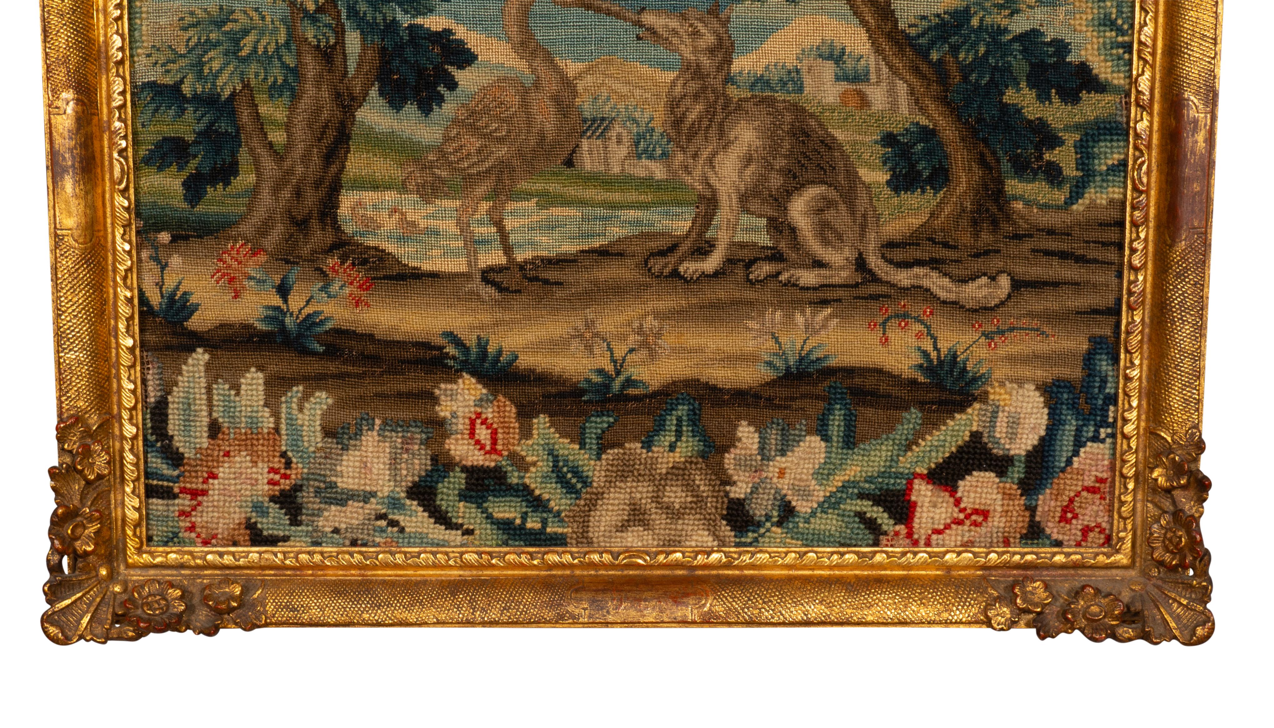 Coppia di quadri a punta d'ago incorniciati raffiguranti scene delle Favole di Esopo in vendita 6