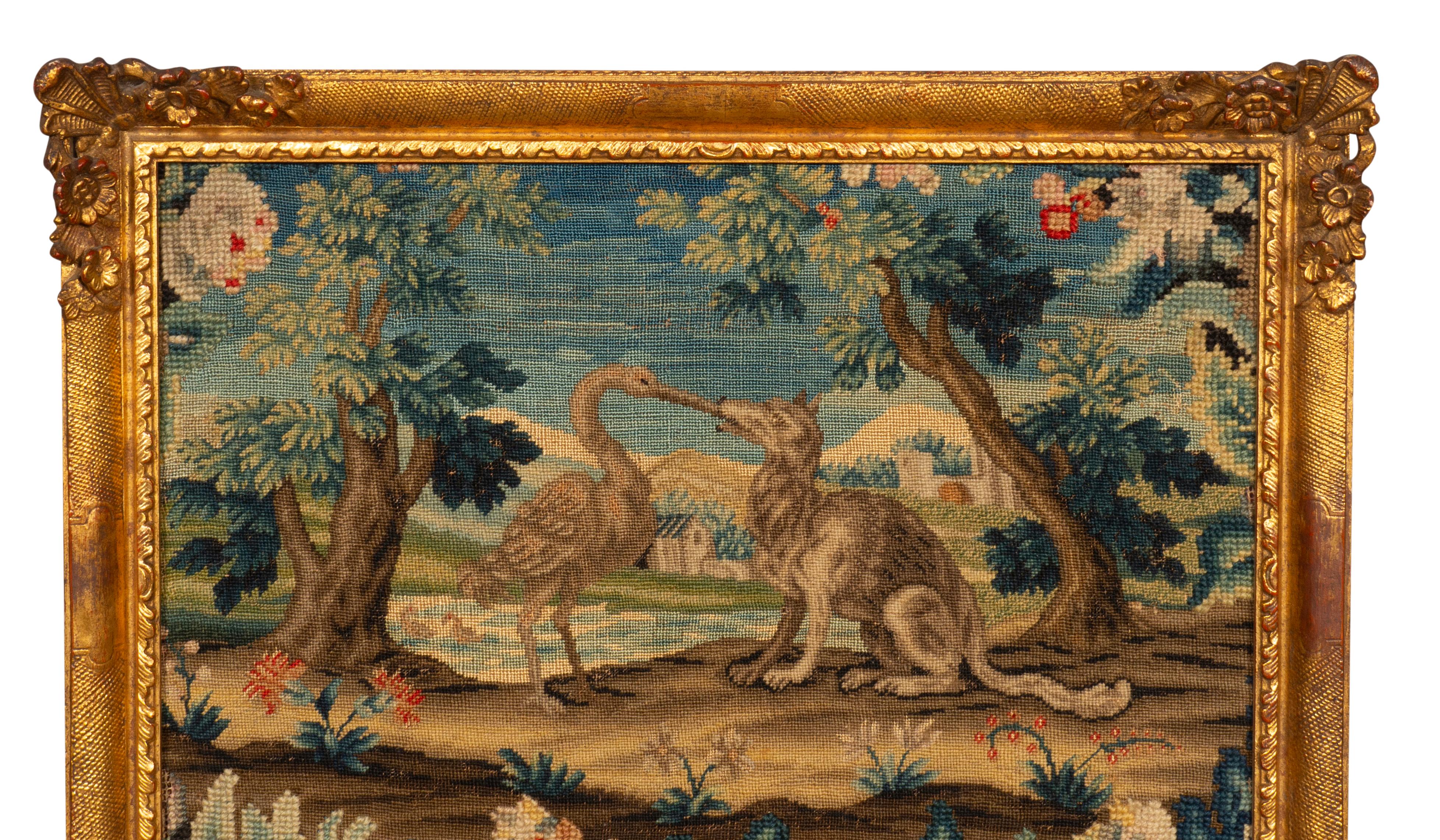 Coppia di quadri a punta d'ago incorniciati raffiguranti scene delle Favole di Esopo in vendita 7