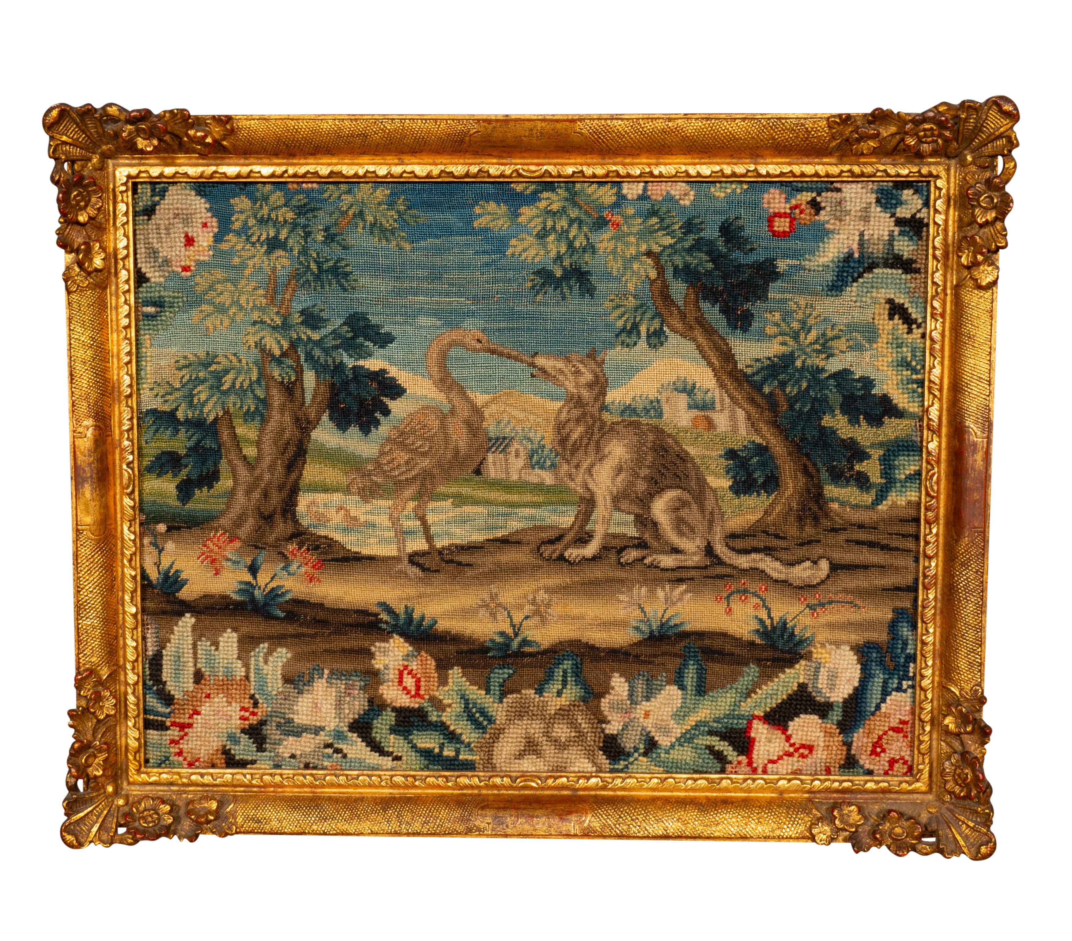 Europeo Coppia di quadri a punta d'ago incorniciati raffiguranti scene delle Favole di Esopo in vendita
