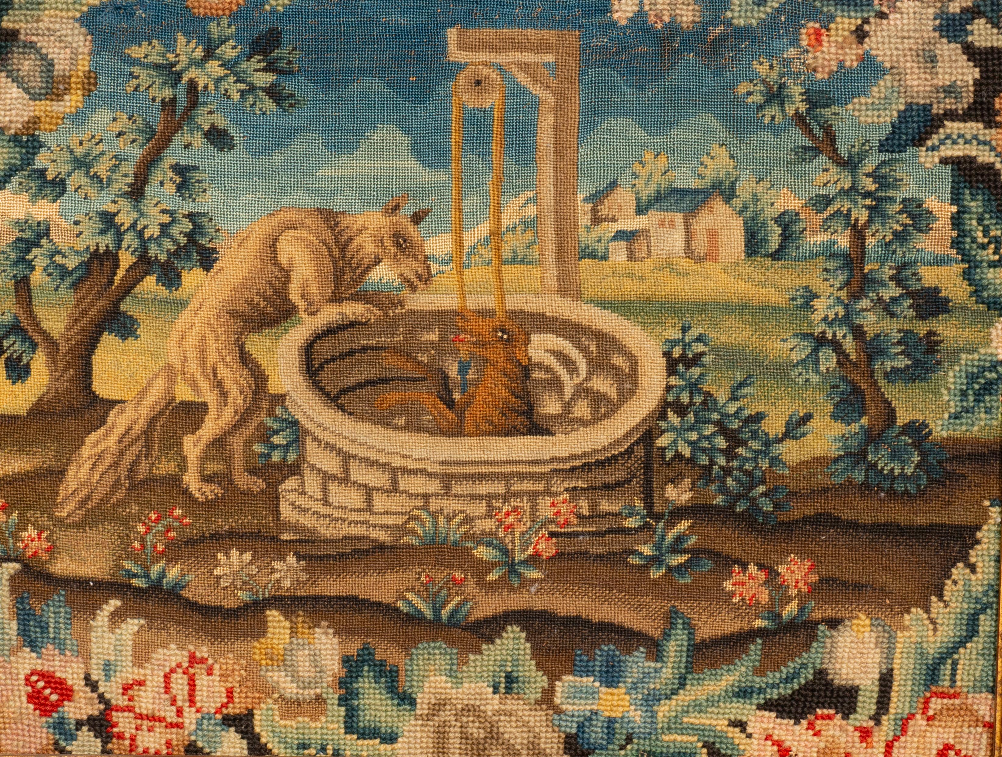 Punto croce Coppia di quadri a punta d'ago incorniciati raffiguranti scene delle Favole di Esopo in vendita