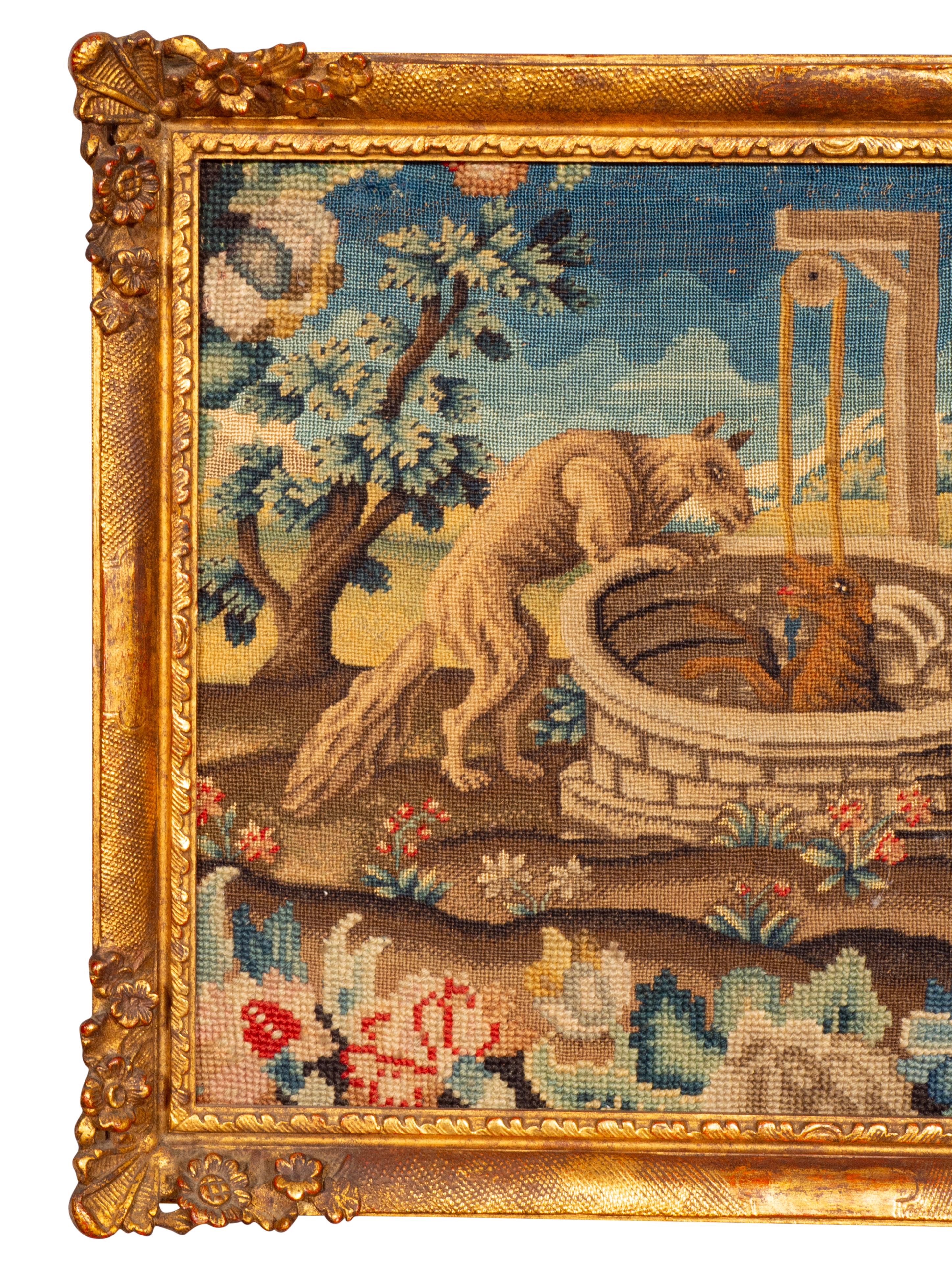 Coppia di quadri a punta d'ago incorniciati raffiguranti scene delle Favole di Esopo In condizioni buone in vendita a Essex, MA
