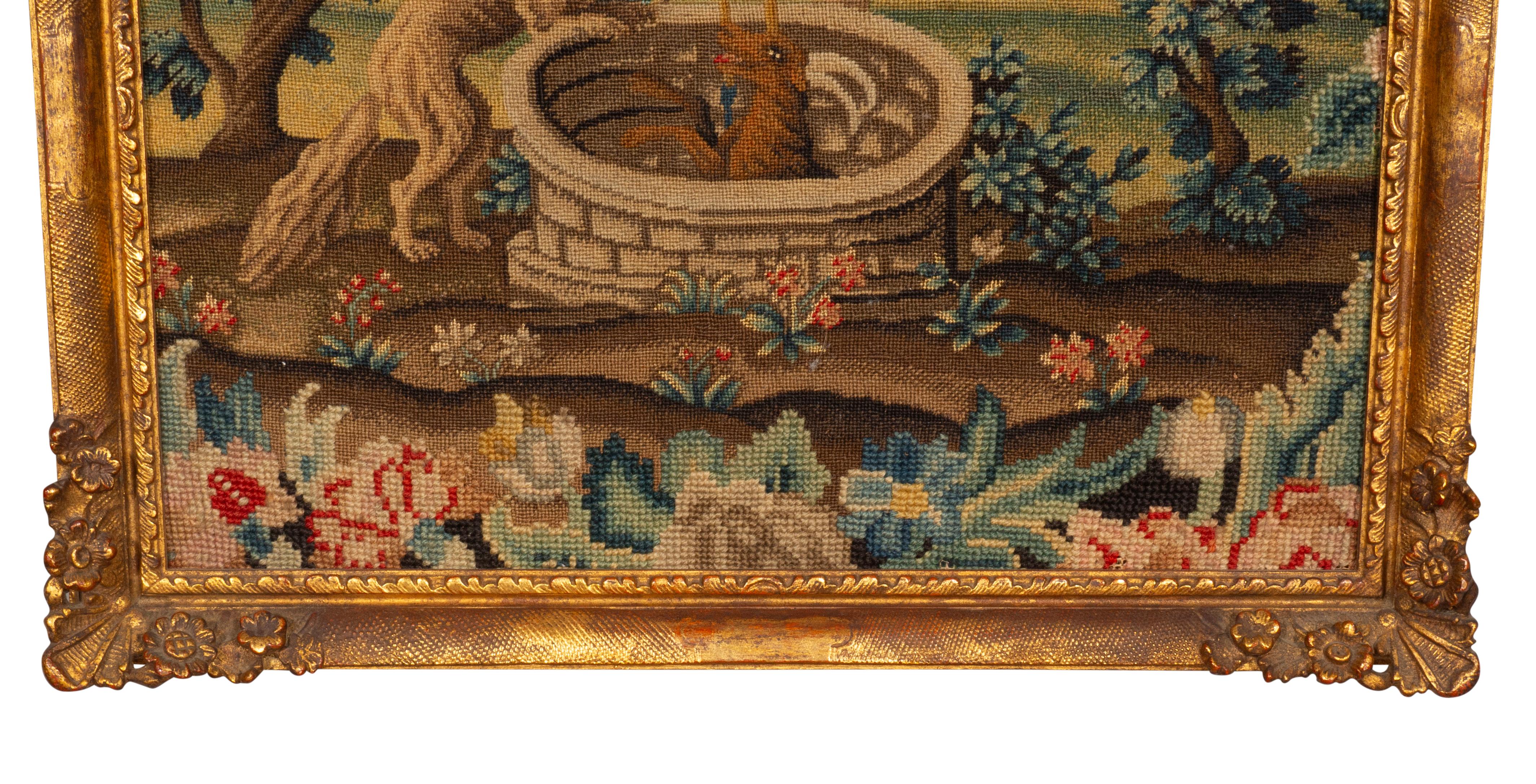 Legno dorato Coppia di quadri a punta d'ago incorniciati raffiguranti scene delle Favole di Esopo in vendita