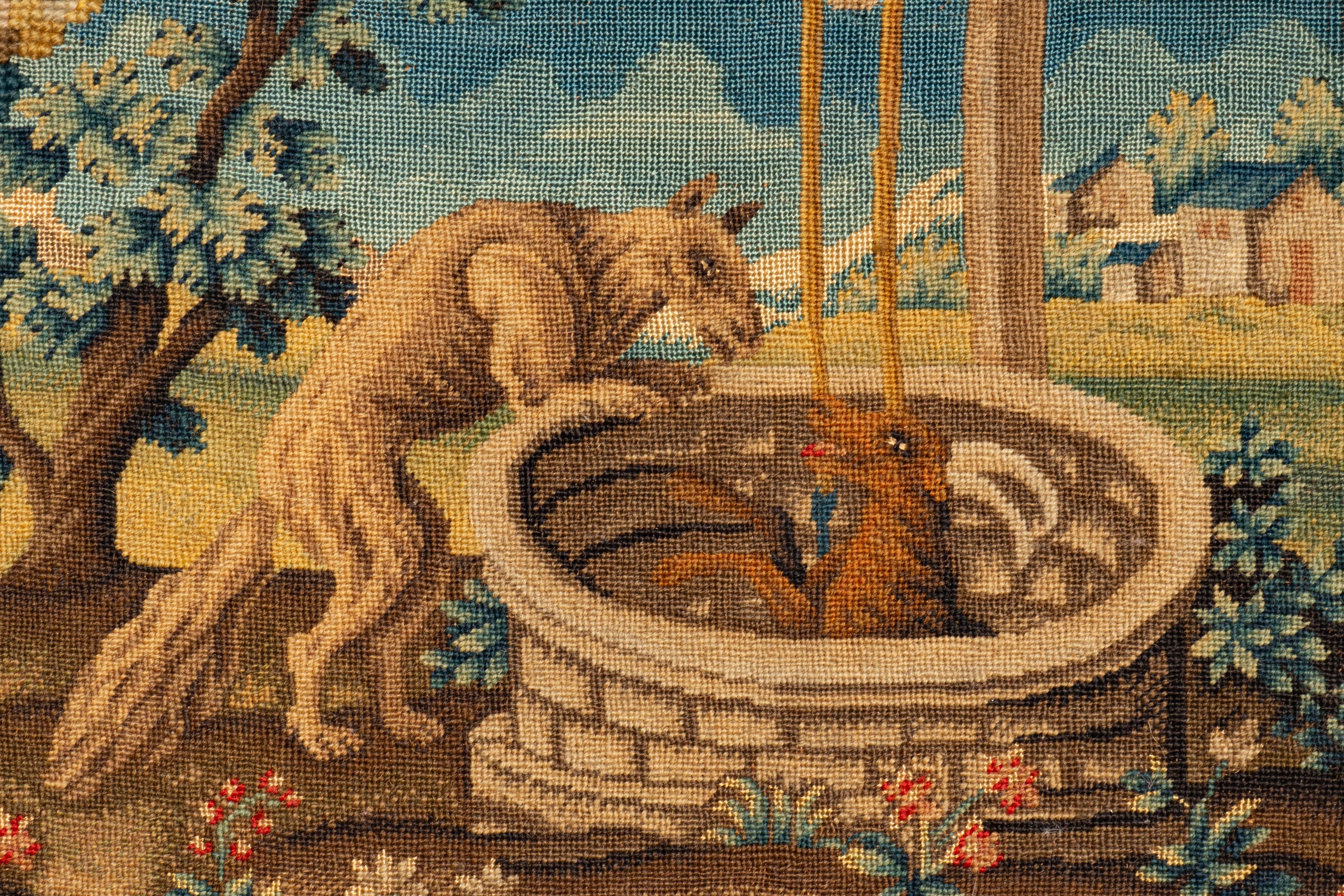 Coppia di quadri a punta d'ago incorniciati raffiguranti scene delle Favole di Esopo in vendita 2
