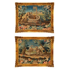Antique Pair Of Framed Needlepoint Pictures Depicting Scenes From Aesop's Fables