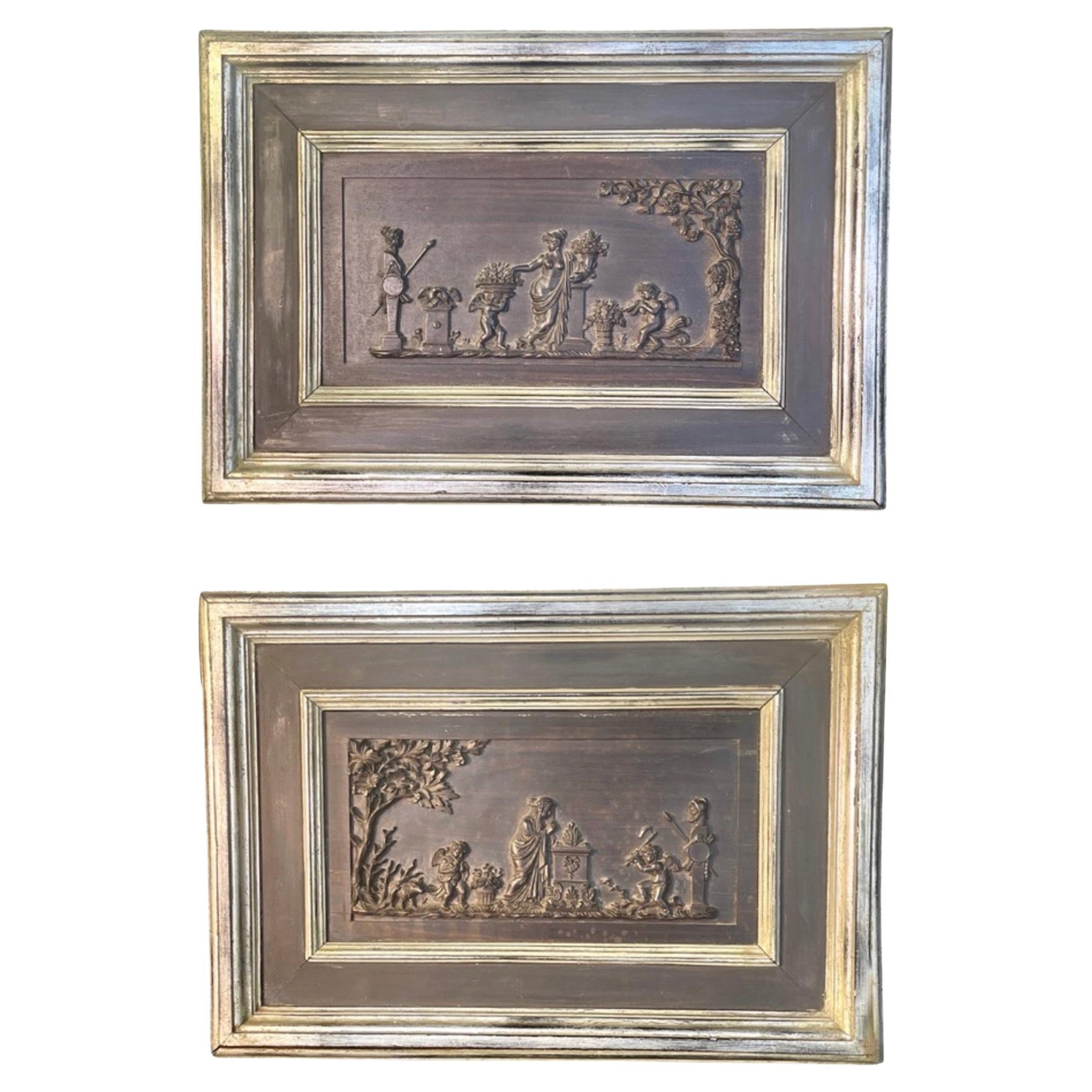 Pair of Framed Neo-Classical Carved Wood Bas Relief Plaques