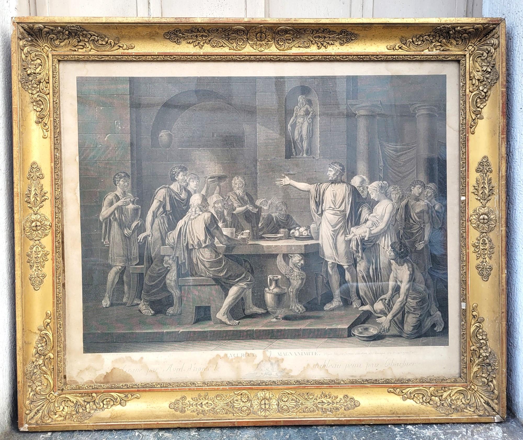 Zwei gerahmte neoklassizistische Stiche nach Gemälden von Jean Jacques François Le Barbier (1738 - 1826) und Stichen von Jean-Jacques Avril (1744-1831), datiert 1789 für das Gemälde und 1791 für den Kupferstich

Die dargestellten Szenen sind:
-
