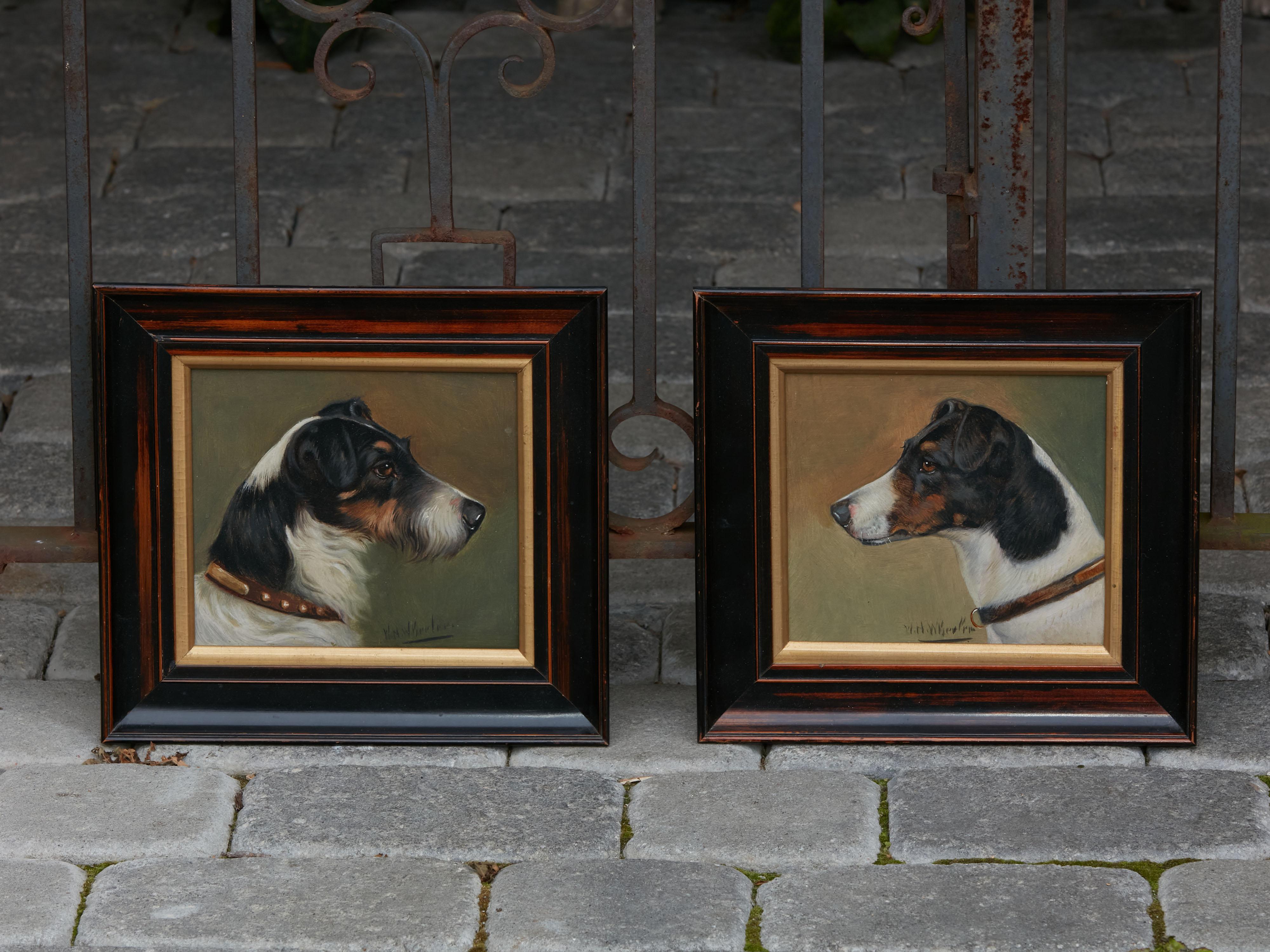 English Pair of Framed Oil on Board Paintings by Wh Wheeler Depicting Terrier Dogs