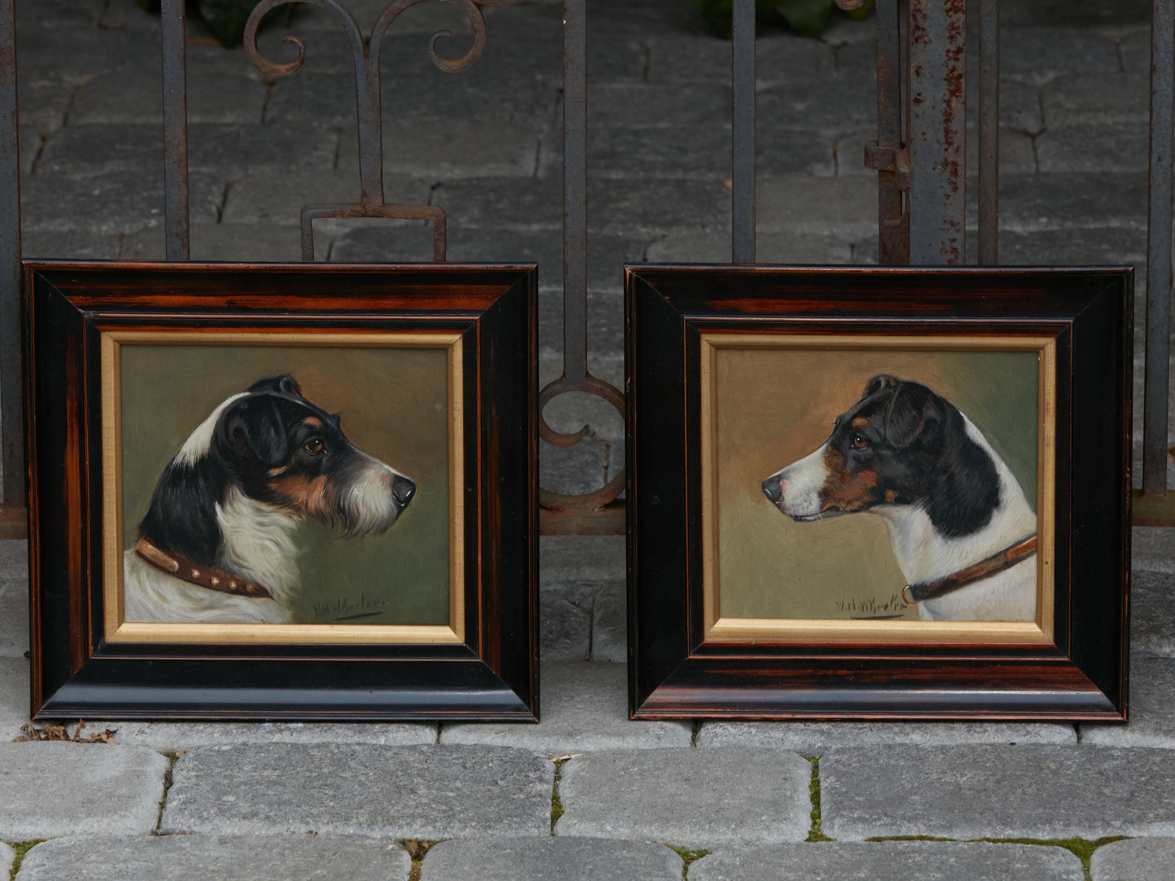 Hand-Painted Pair of Framed Oil on Board Paintings by Wh Wheeler Depicting Terrier Dogs