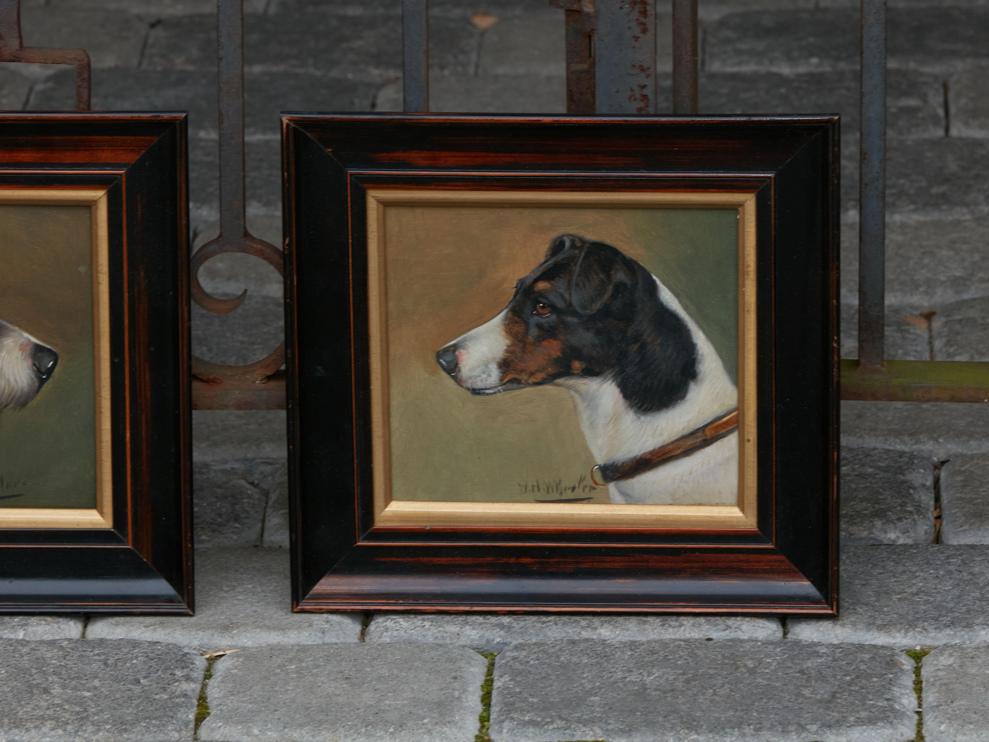 Pair of Framed Oil on Board Paintings by Wh Wheeler Depicting Terrier Dogs In Good Condition In Atlanta, GA