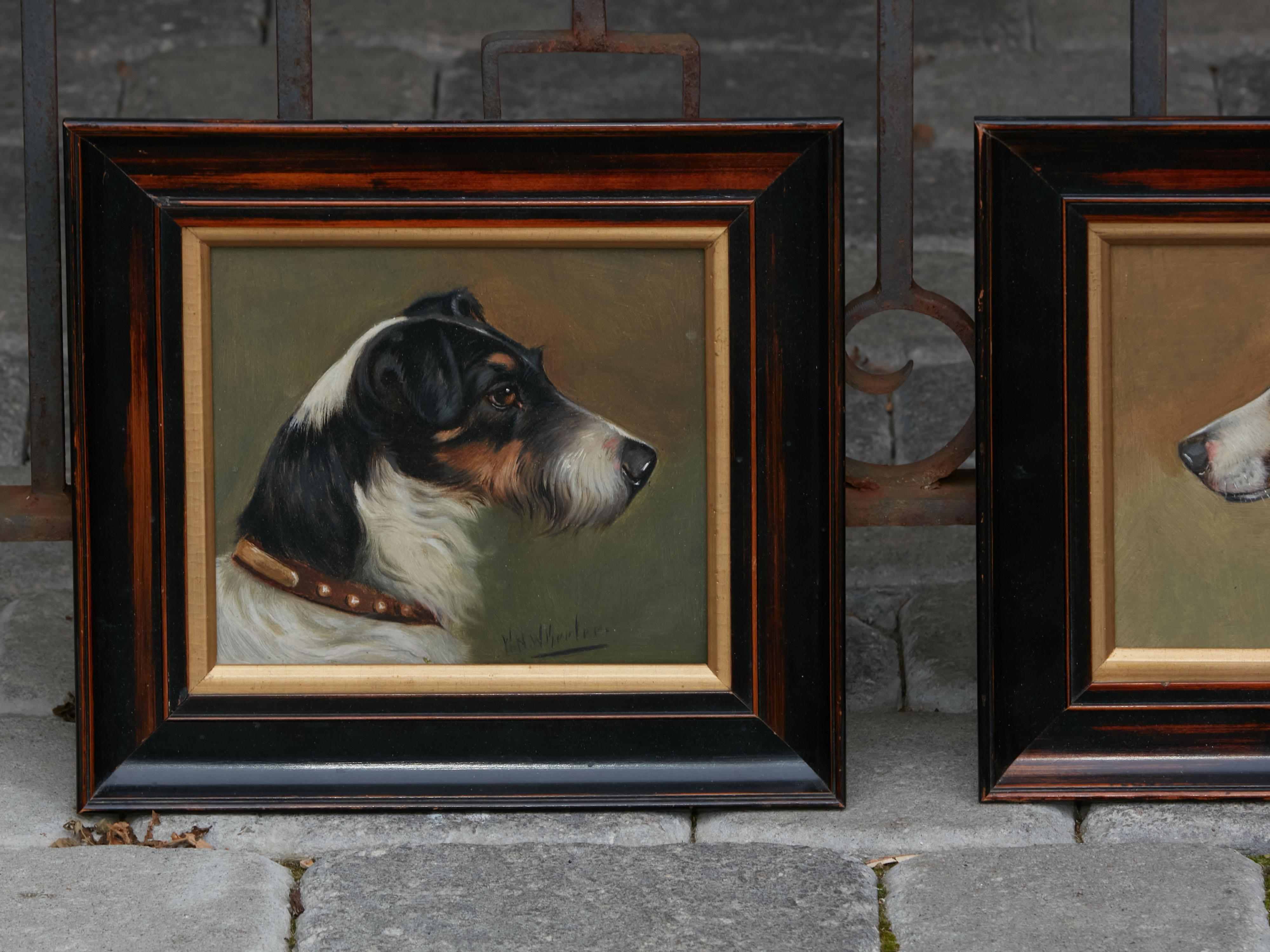 19th Century Pair of Framed Oil on Board Paintings by Wh Wheeler Depicting Terrier Dogs