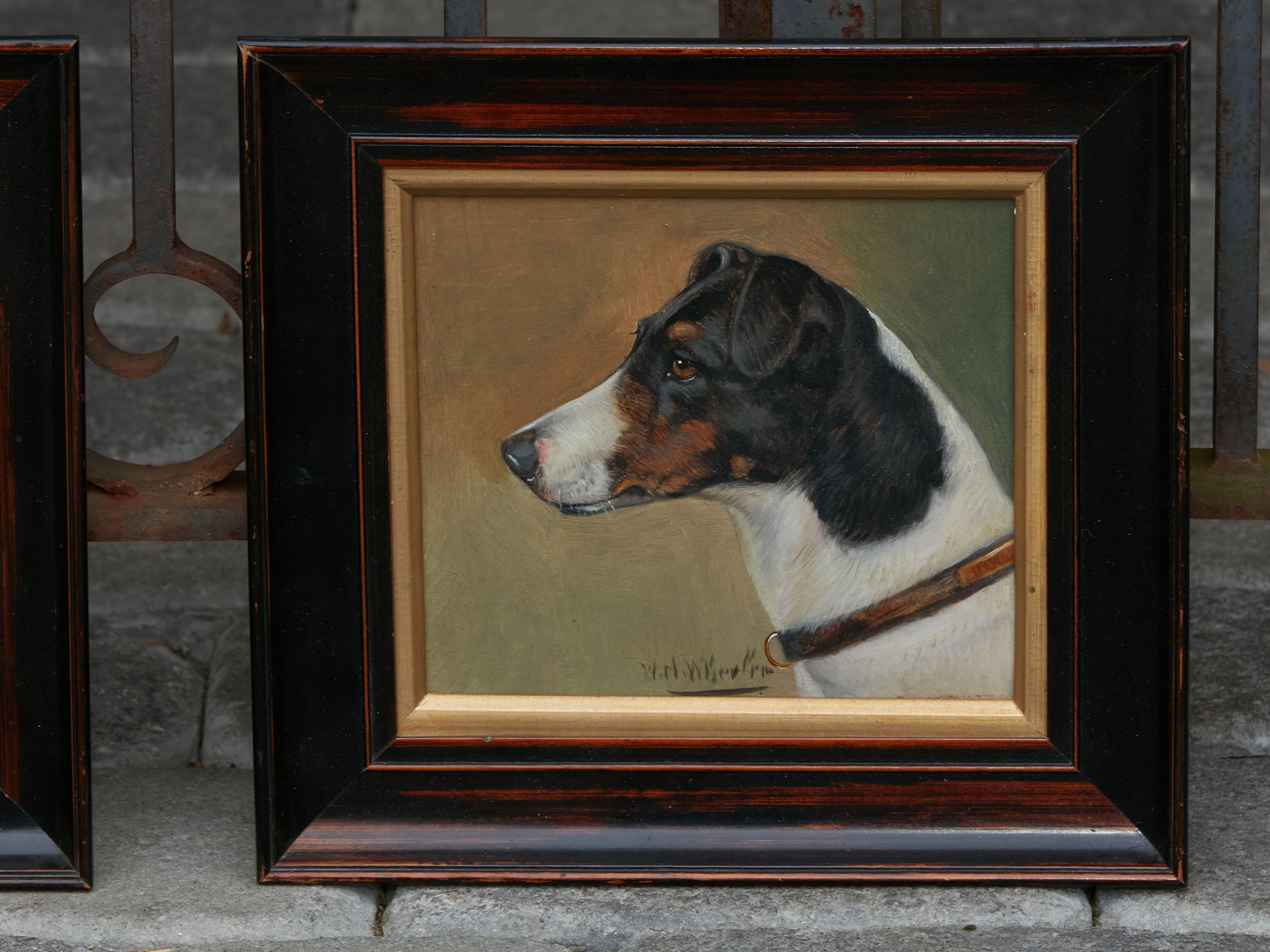 Wood Pair of Framed Oil on Board Paintings by Wh Wheeler Depicting Terrier Dogs