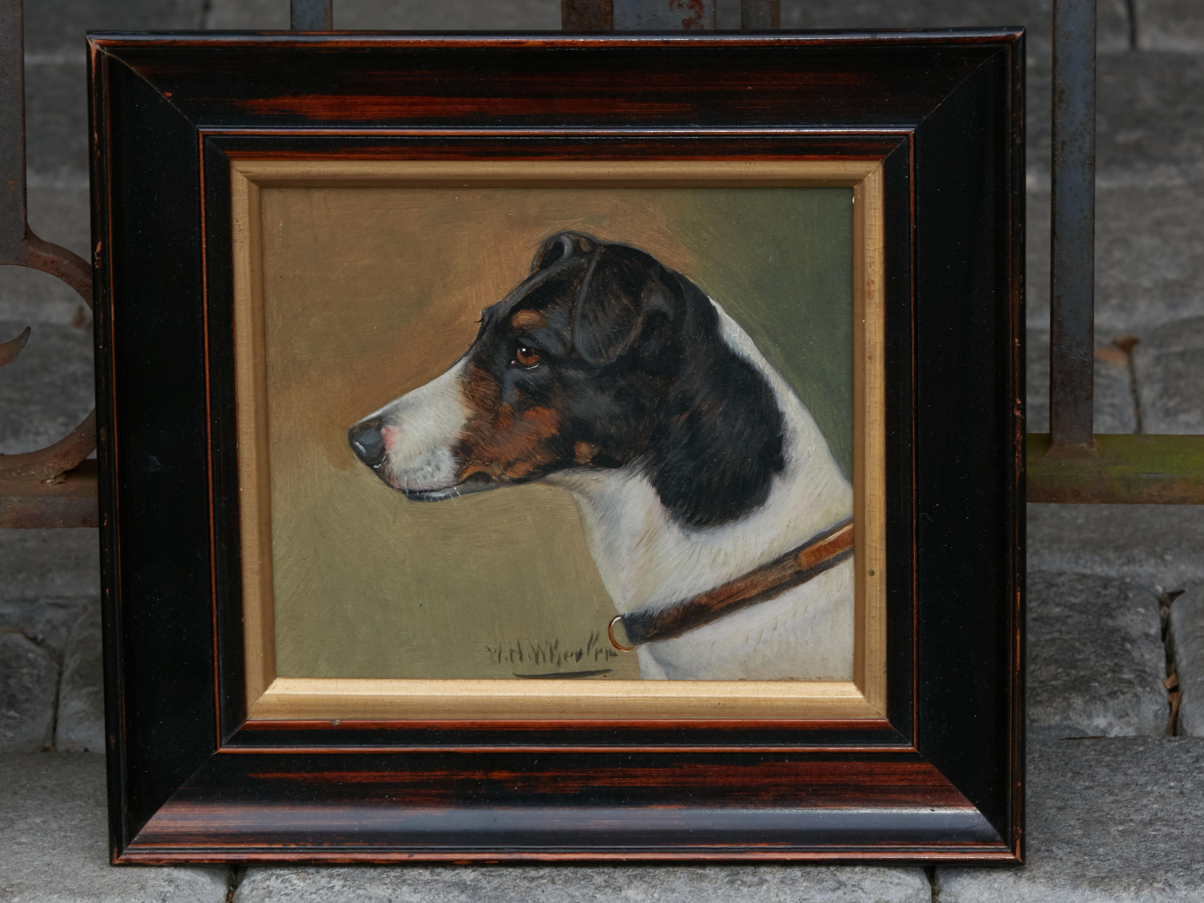 Pair of Framed Oil on Board Paintings by Wh Wheeler Depicting Terrier Dogs 1