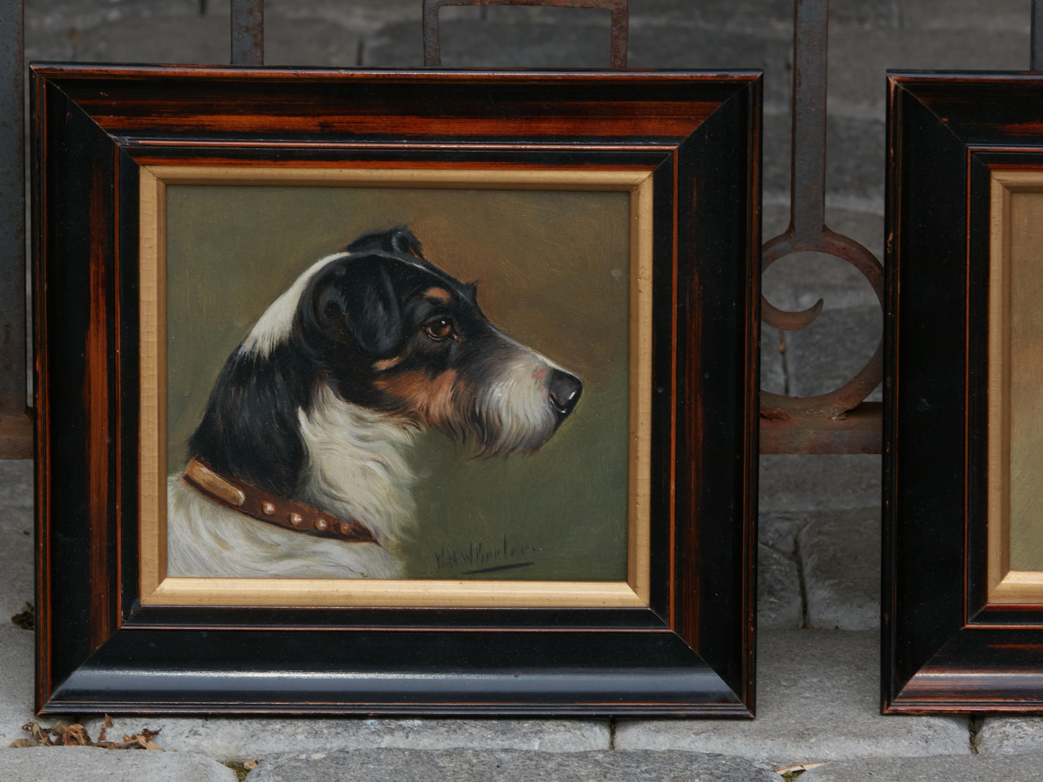Pair of Framed Oil on Board Paintings by Wh Wheeler Depicting Terrier Dogs 2