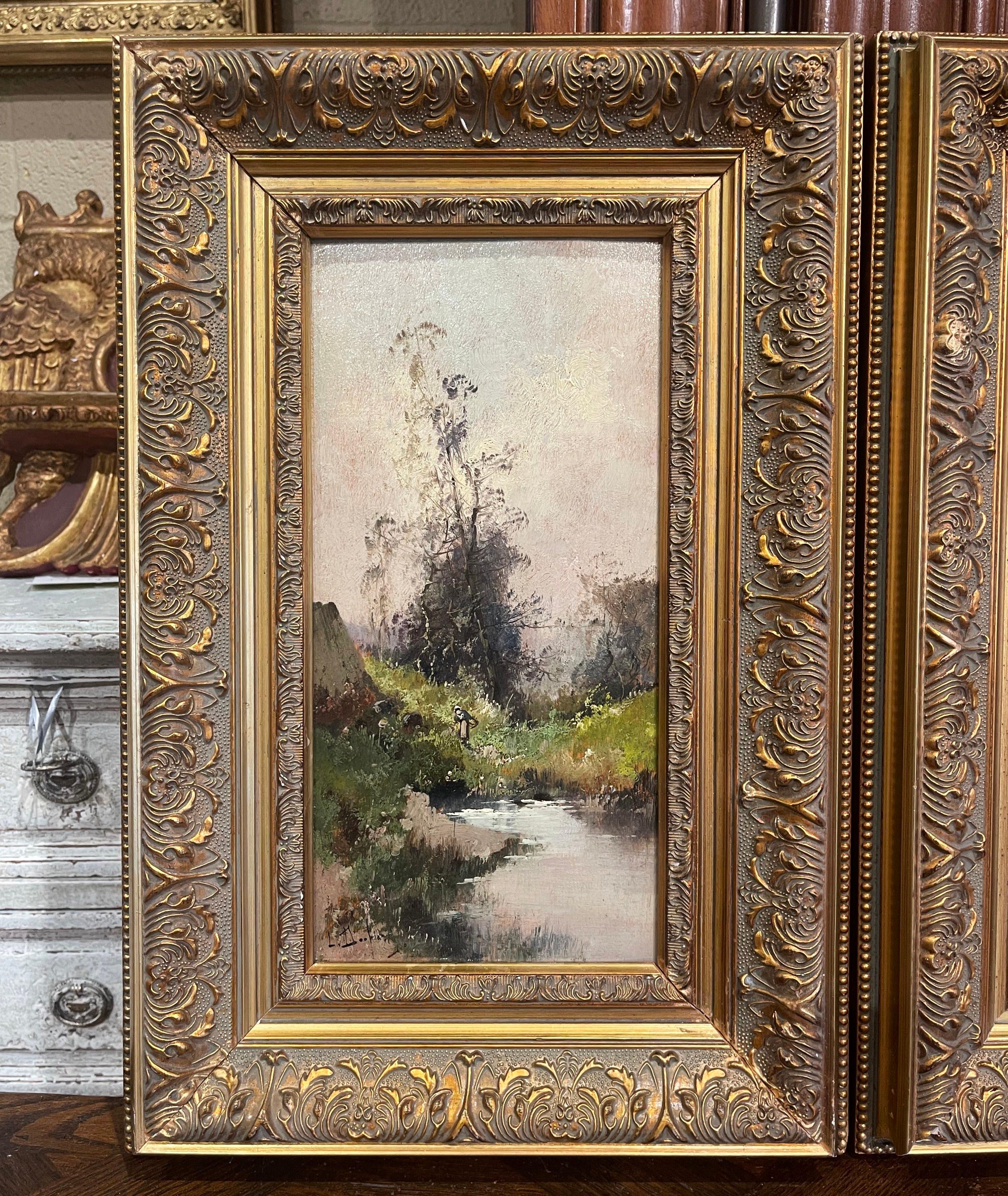 Decorate a study, living room or den with this beautiful and colorful pair of antique paintings! Painted in France circa 1890, the artworks are set in carved gilt wood frames from later addition, and illustrate picturesque, countryside scenes in