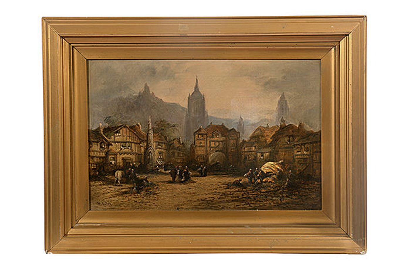 Pair of Framed Oil on Canvas Bavarian Market Scenes In Fair Condition For Sale In Hemel Hempstead, Hertfordshire