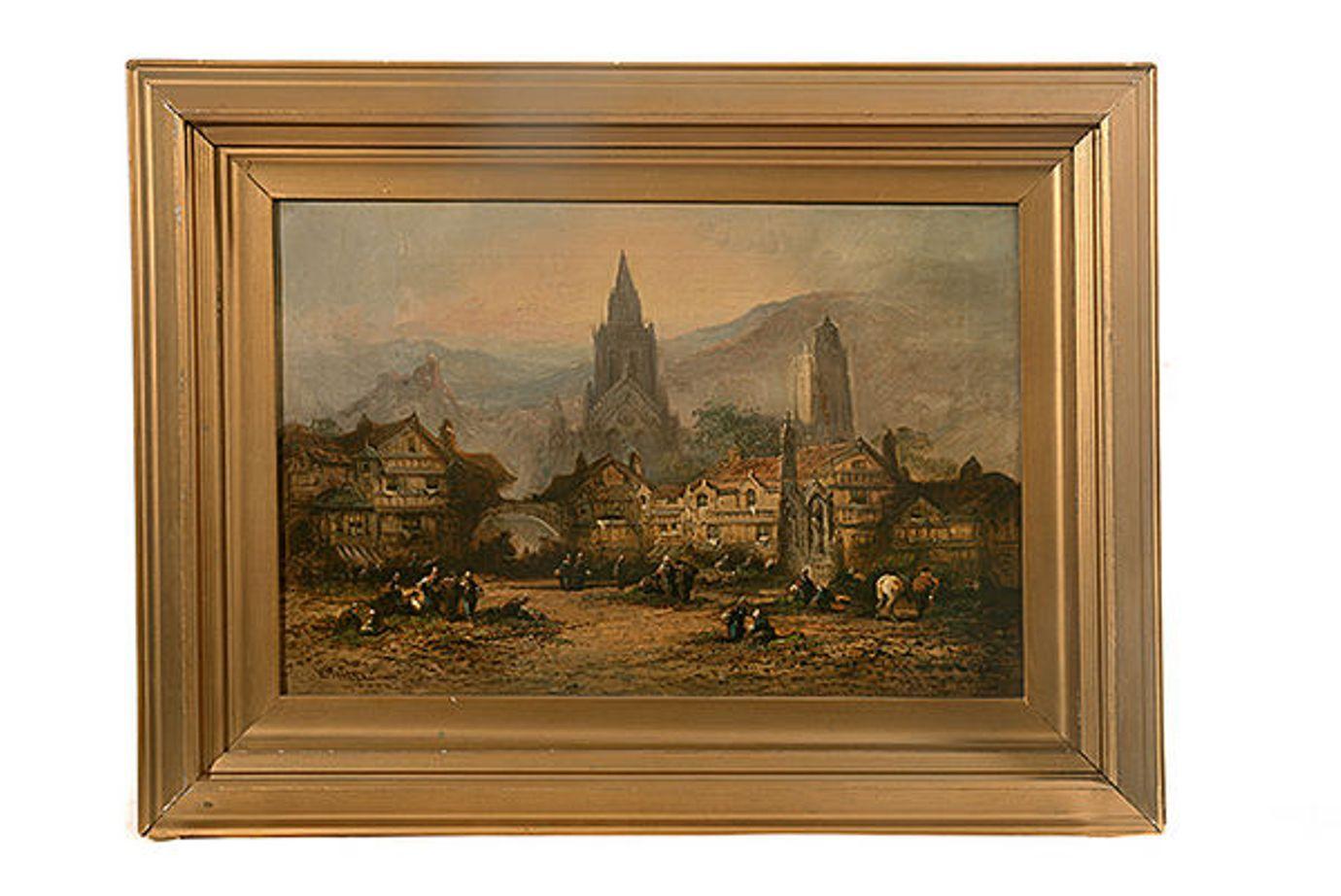 Late 19th Century Pair of Framed Oil on Canvas Bavarian Market Scenes For Sale