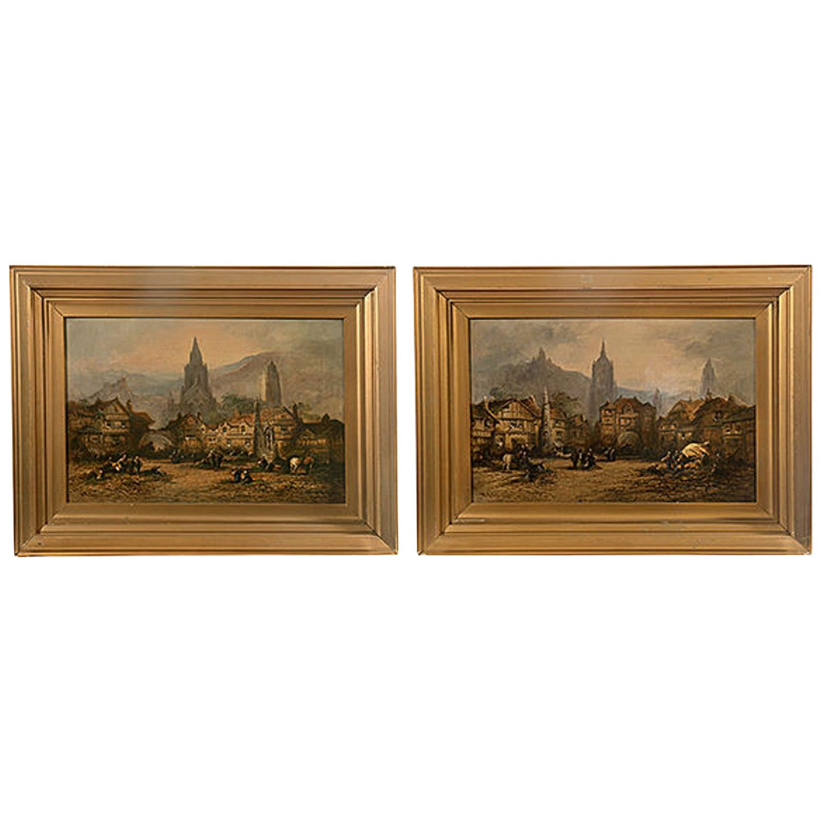 Pair of Framed Oil on Canvas Bavarian Market Scenes For Sale
