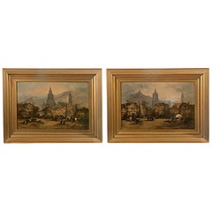 Pair of Framed Oil on Canvas Bavarian Market Scenes