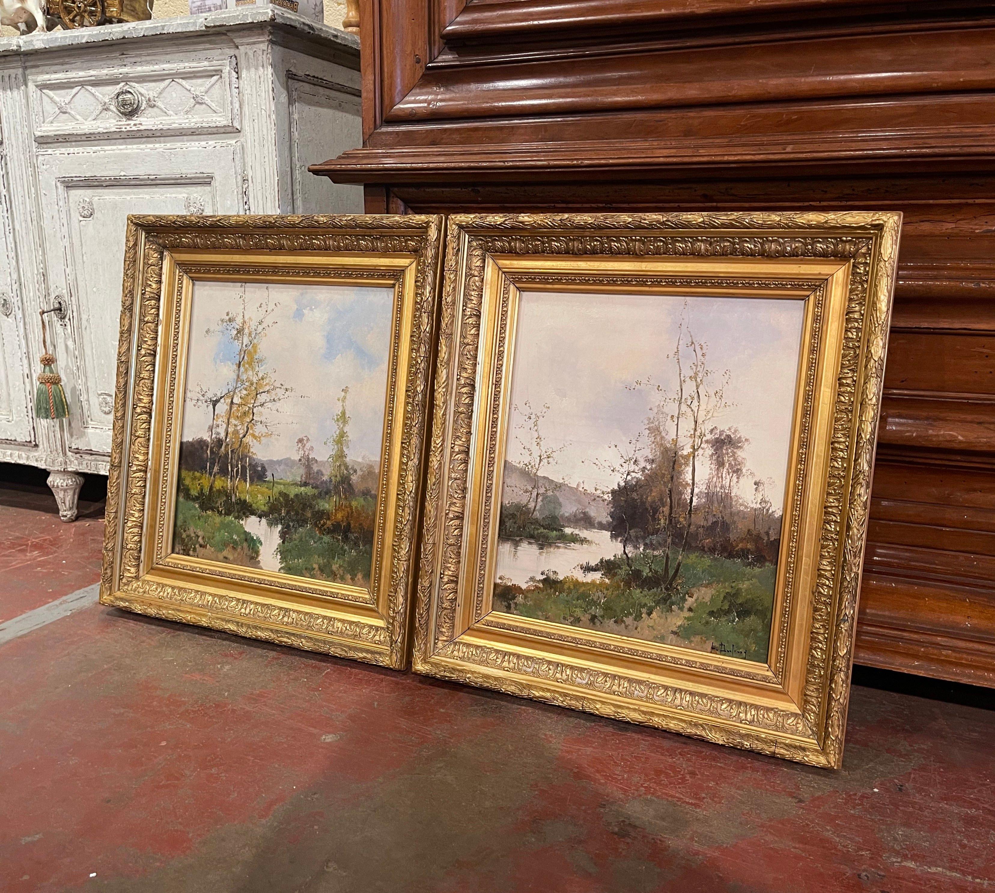 Decorate a study, living room or den with this beautiful and colorful pair of antique paintings! Painted in France circa 1890, the artworks are set in the original carved gilt wood frames and illustrate picturesque, countryside scenes in rural